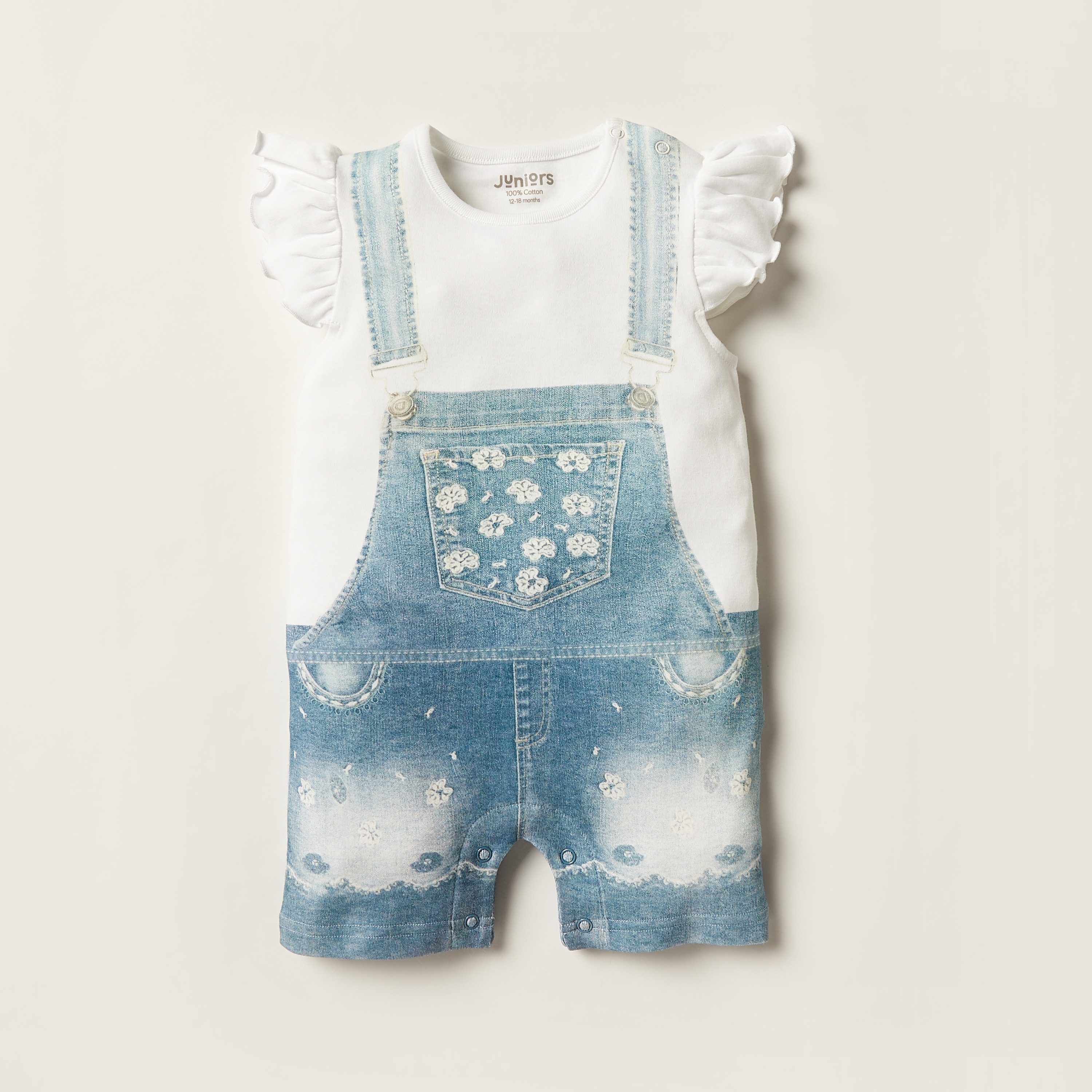 Juniors Denim Print Romper with Cap Sleeves and Crew Neck