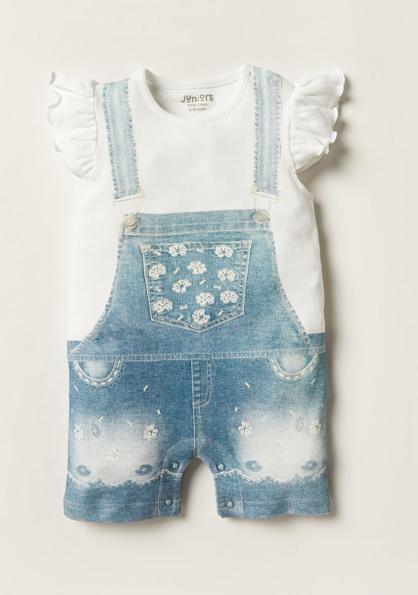 Juniors Denim Print Romper with Cap Sleeves and Crew Neck-Rompers, Dungarees & Jumpsuits-image-0