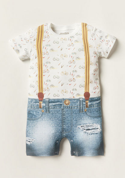 Juniors Denim Print Romper with Short Sleeves and Crew Neck-Rompers%2C Dungarees and Jumpsuits-image-0