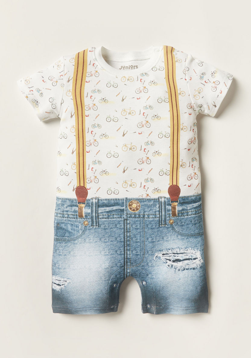 Juniors Denim Print Romper with Short Sleeves and Crew Neck-Rompers, Dungarees & Jumpsuits-image-0