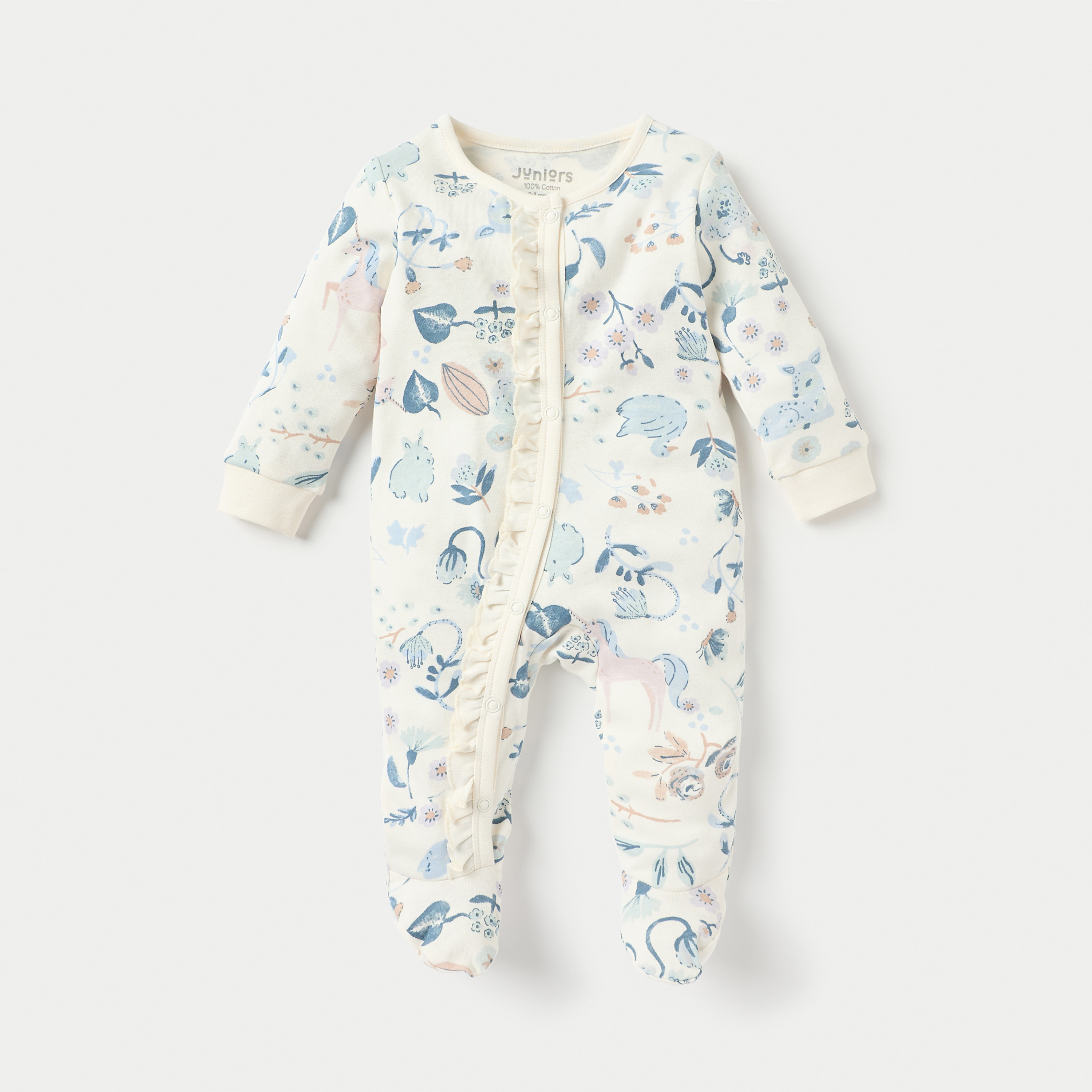 بدلة نوم مغلقة القدمين بزر إغلاق كبّاس وتفاصيل كشكش بطبعات من جونيورز-baby-girls-clothing-nightwear-sleepsuits-image-1