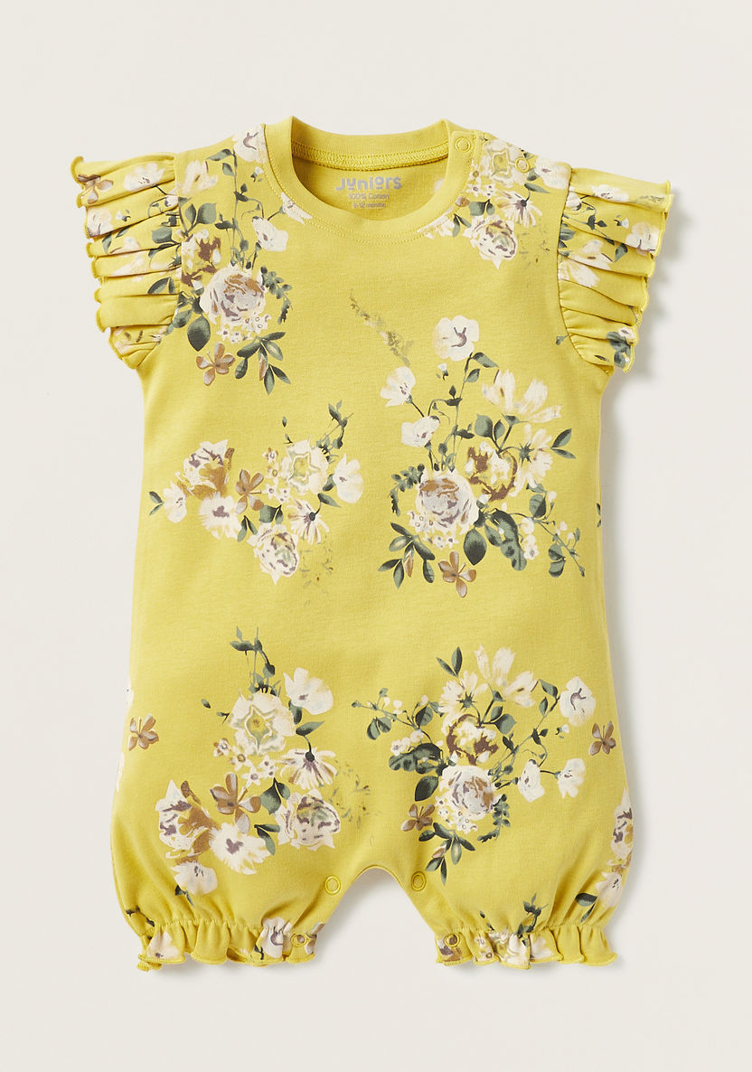 Juniors All-Over Floral Print Romper with Ruffles and Button Closure-Rompers, Dungarees & Jumpsuits-image-0