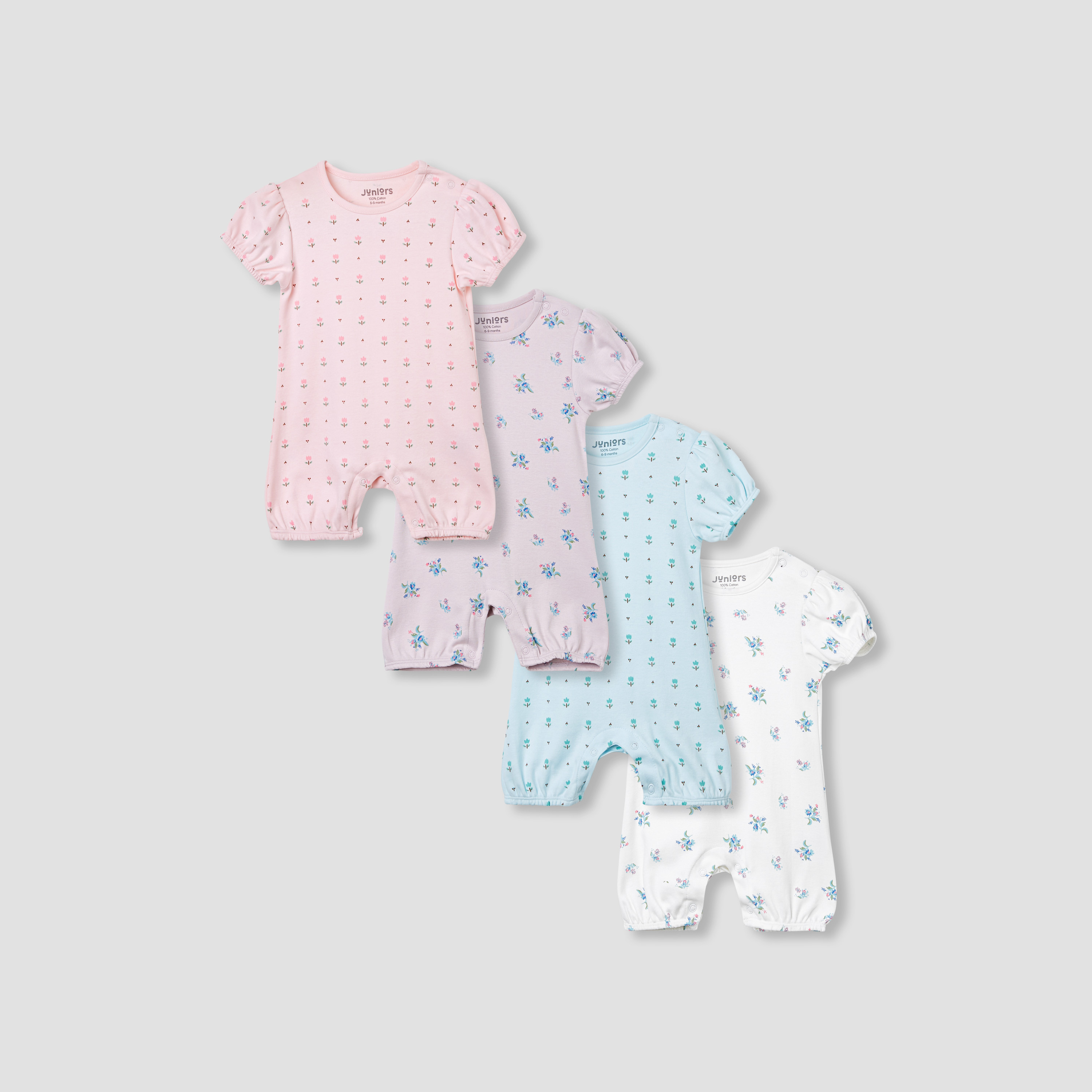 Juniors Floral Print Romper with Puff Sleeves - Set of 4-baby-girls-clothing-rompers-image-1