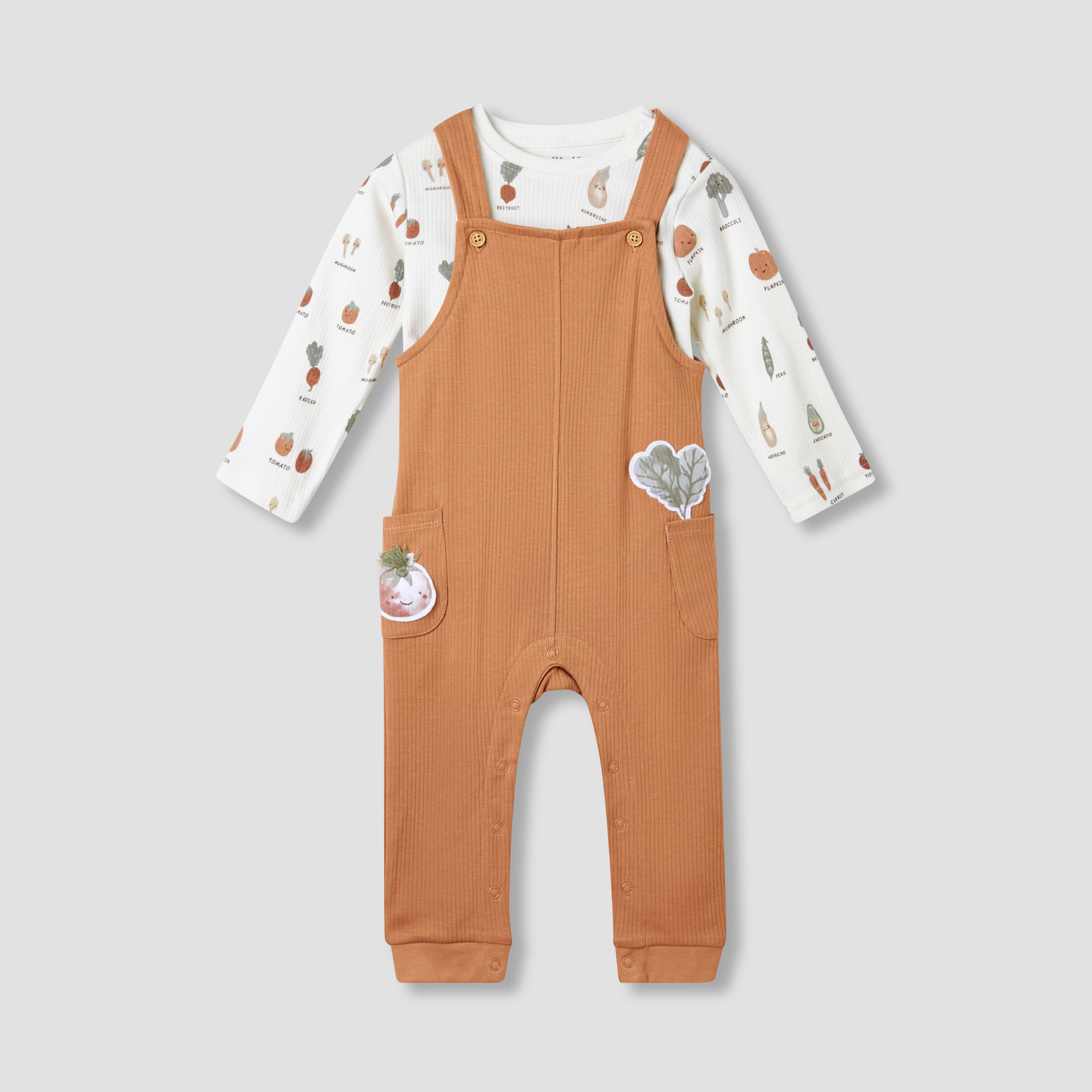 Juniors Boys T-shirt and Dungaree Set with Vegetable Print - Cotton - Long Sleeves - Crew Neck-baby-boys-clothing-setsandcoords-image-1