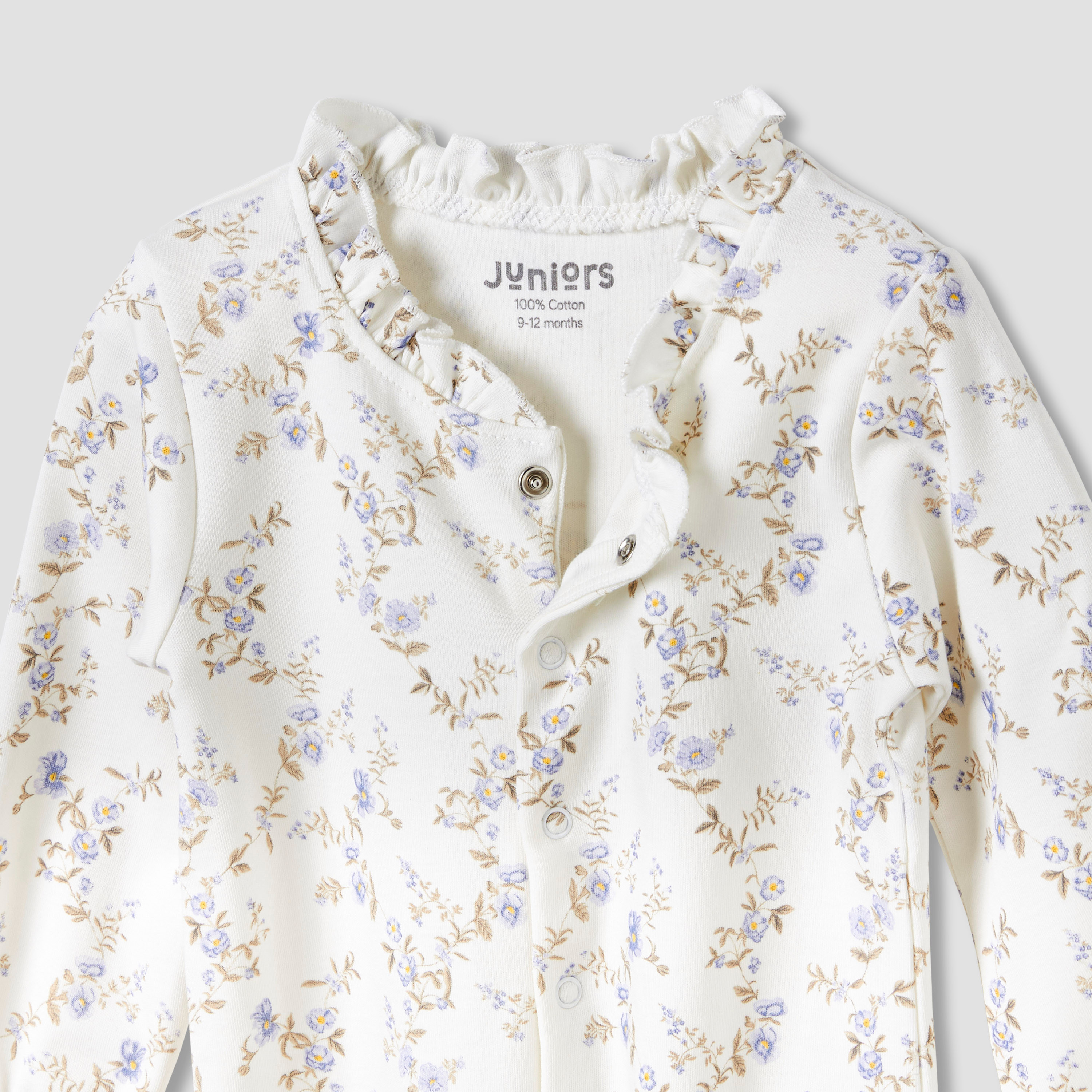 Juniors Round Neck Footed Sleepsuit with Floral Print - Cotton - Long Sleeves-baby-girls-clothing-nightwear-sleepsuits-image-3
