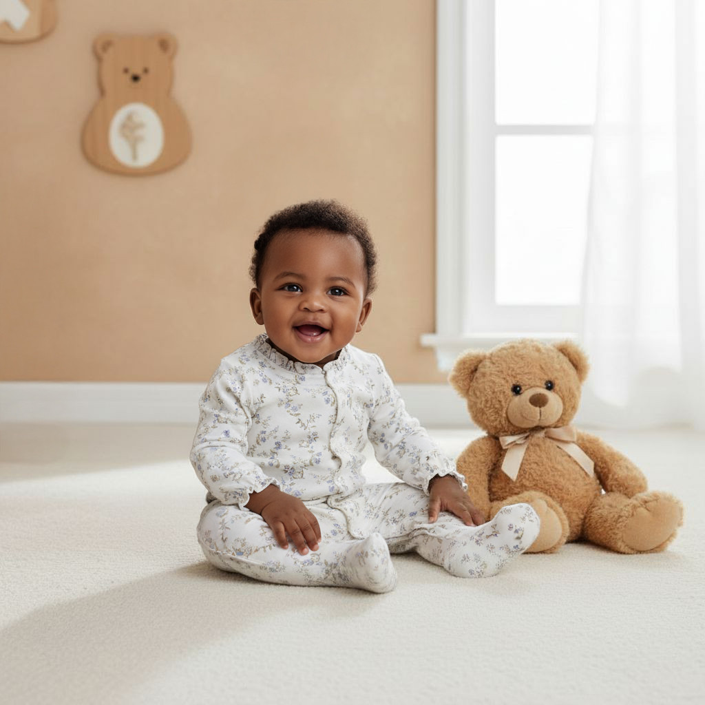 Juniors Round Neck Footed Sleepsuit with Floral Print - Cotton - Long Sleeves-baby-girls-clothing-nightwear-sleepsuits-image-5