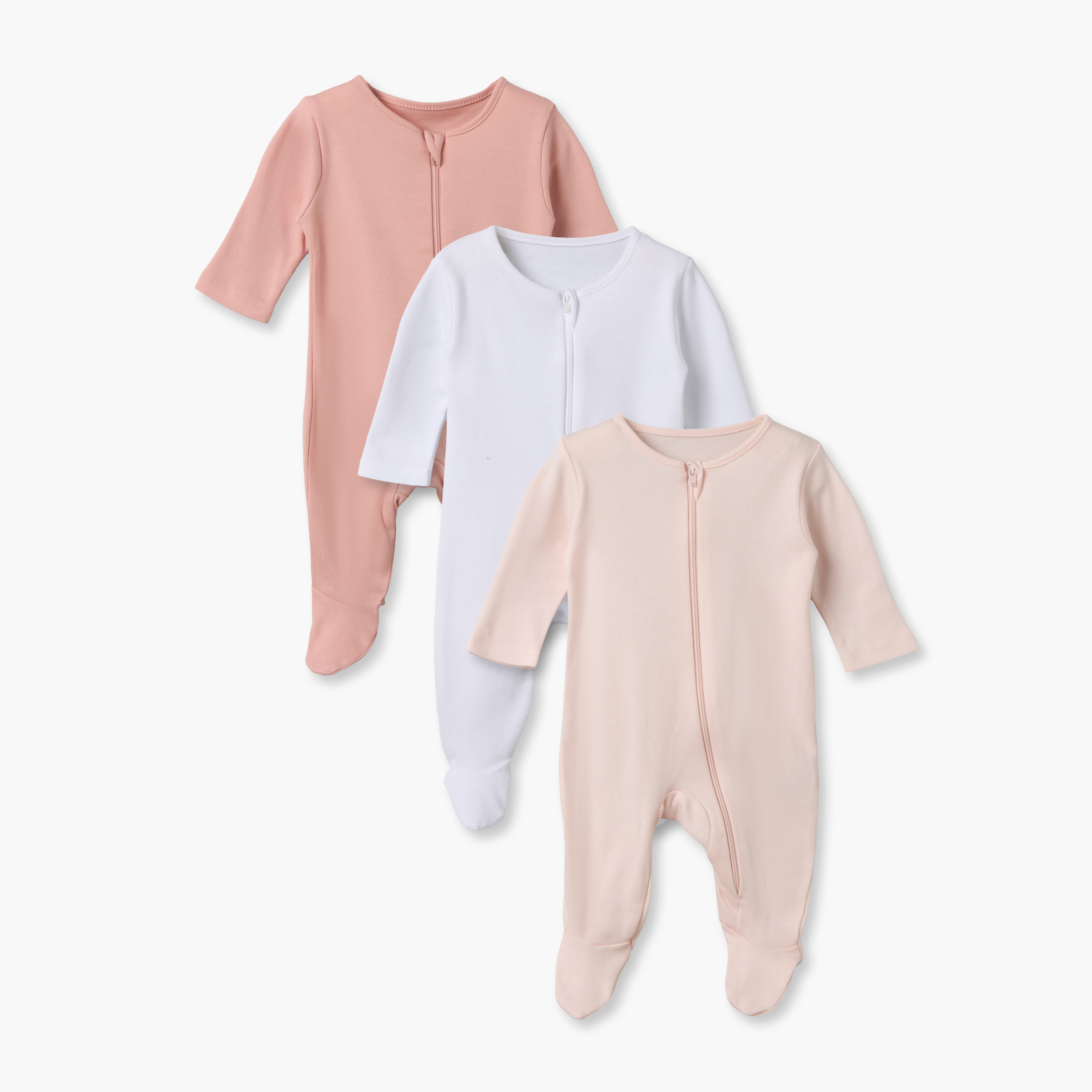 Juniors Solid Sleepsuit with Long Sleeves and Zip Closure - Set of 3-baby-girls-clothing-multipacks-image-1