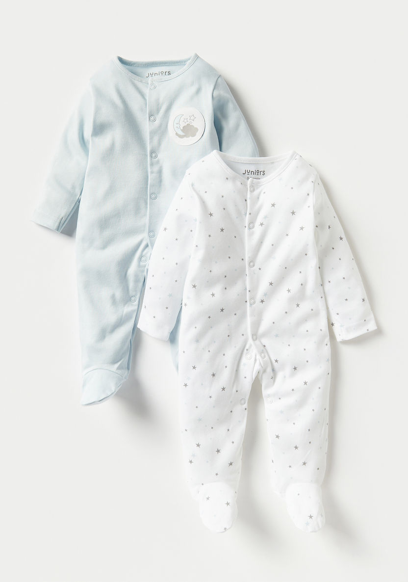 Juniors Printed Long Sleeves Sleepsuit with Button Closure - Set of 2-Sleepsuits-image-0
