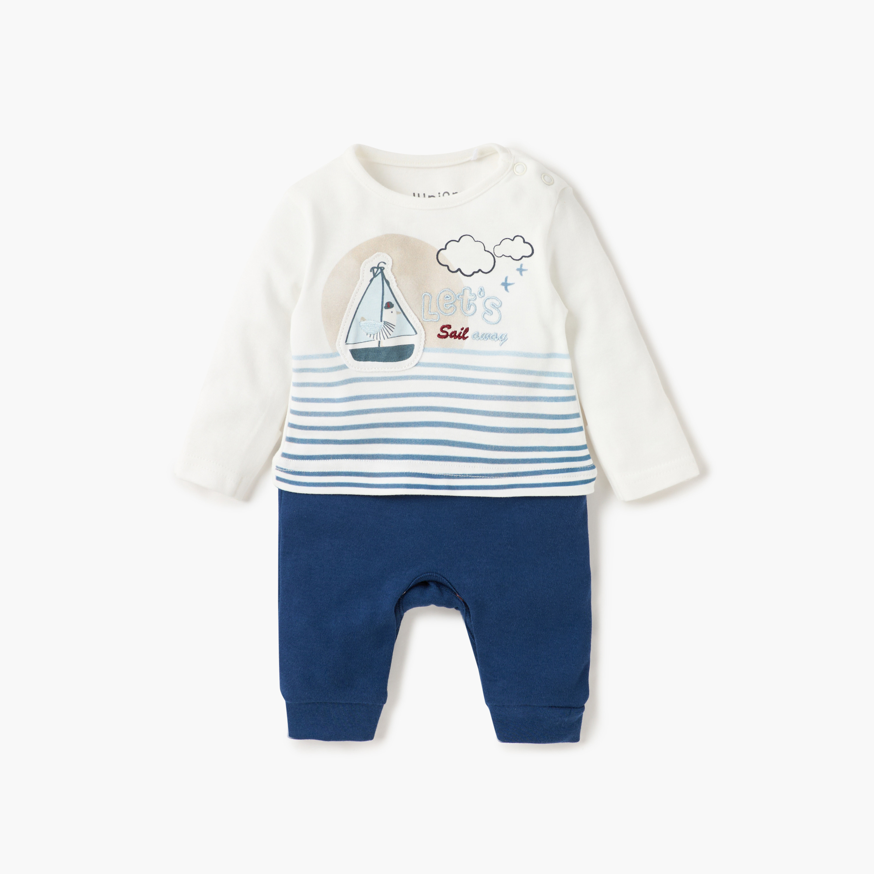 Juniors Embroidered Sleepsuit with Button Closure and Long Sleeves-baby-boys-clothing-nightwear-sleepsuits-image-1