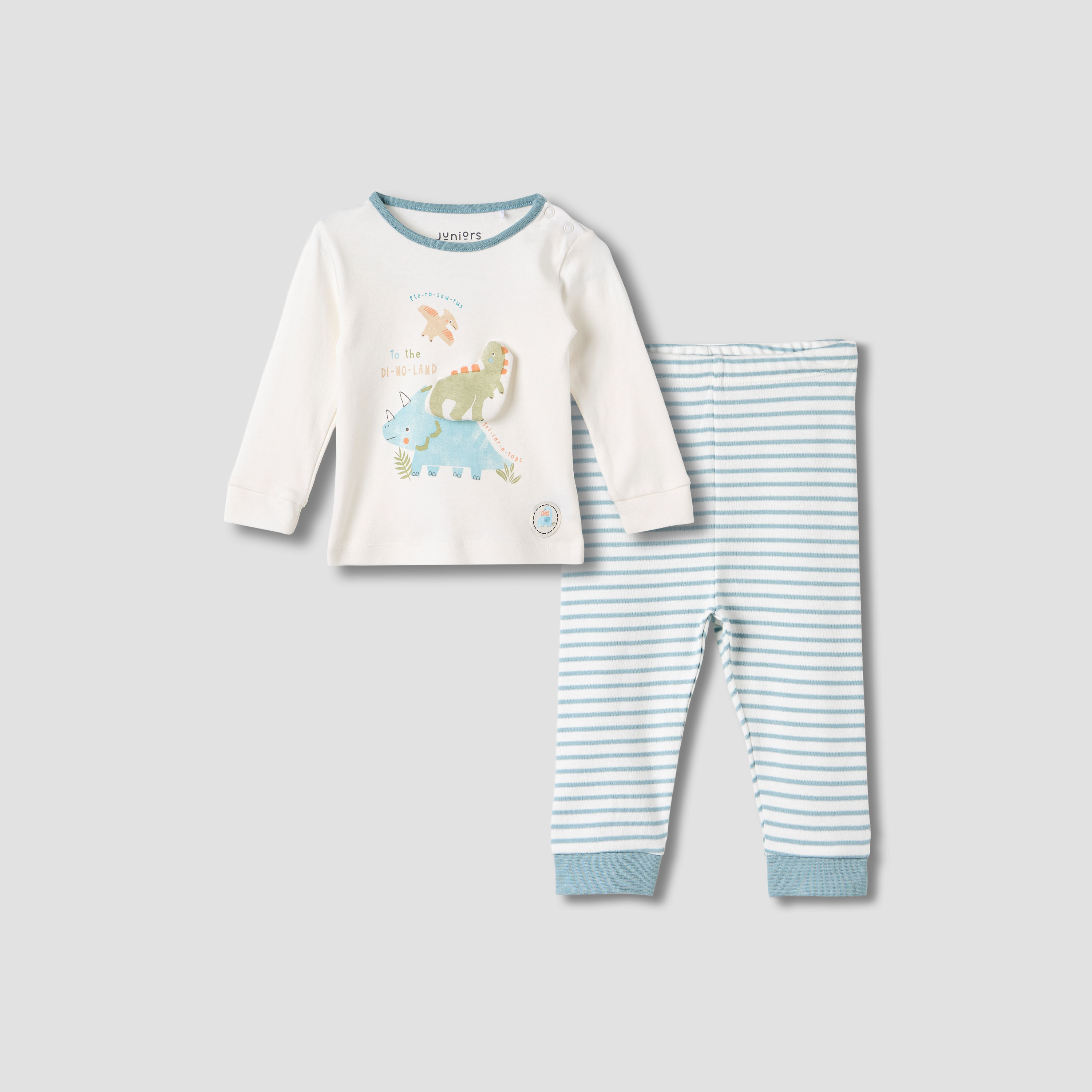 Juniors Dinosaur Print T-shirt and Striped Pyjama Set-baby-boys-clothing-nightwear-pyjamasets-image-1