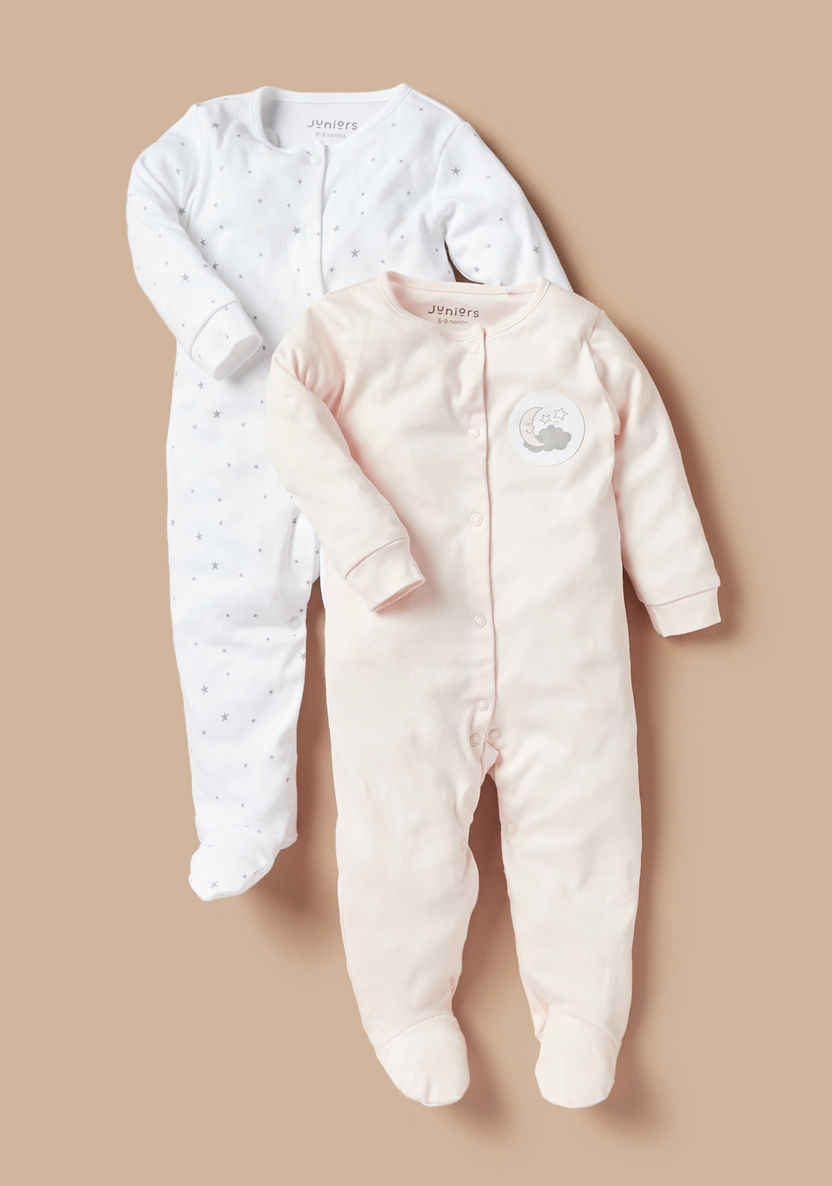 Juniors Printed Long Sleeves Sleepsuit with Button Closure - Set of 2-Sleepsuits-image-0