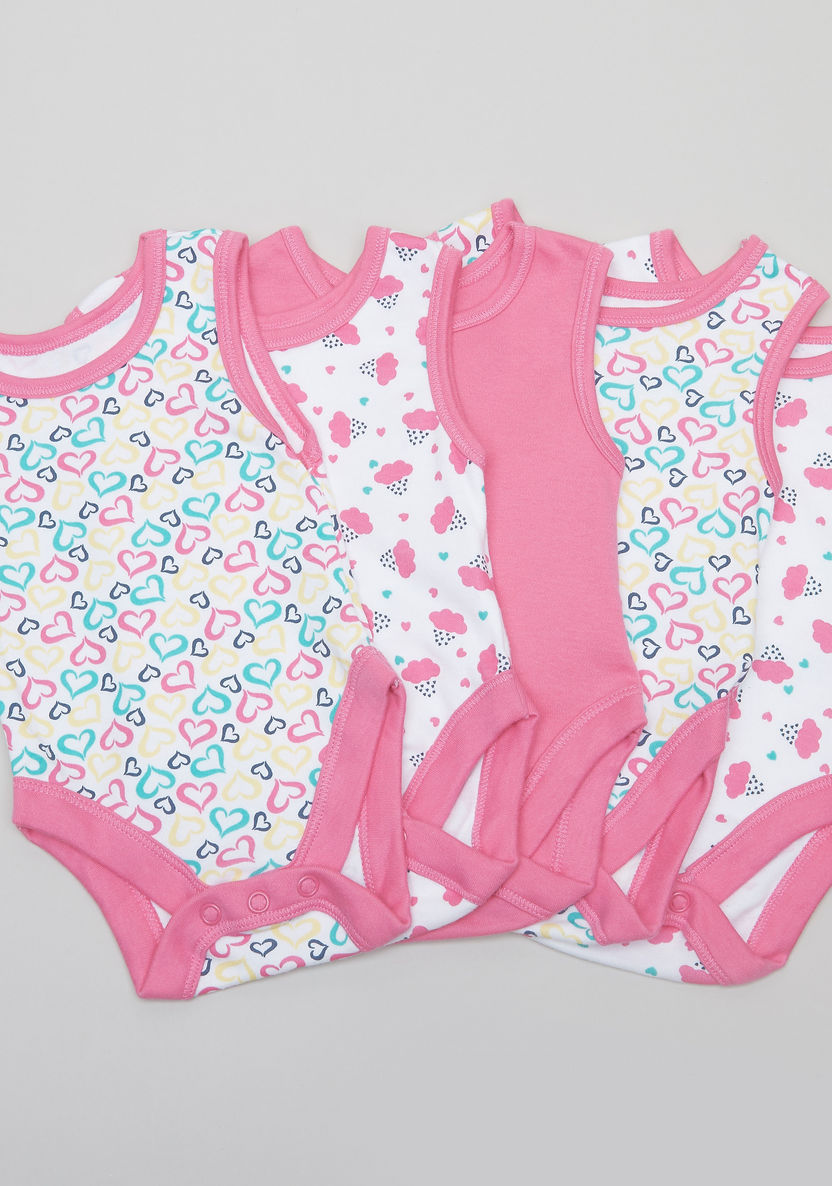 Juniors Printed 5-Piece Cotton Sleeveless Bodysuit Set-Bodysuits-image-0