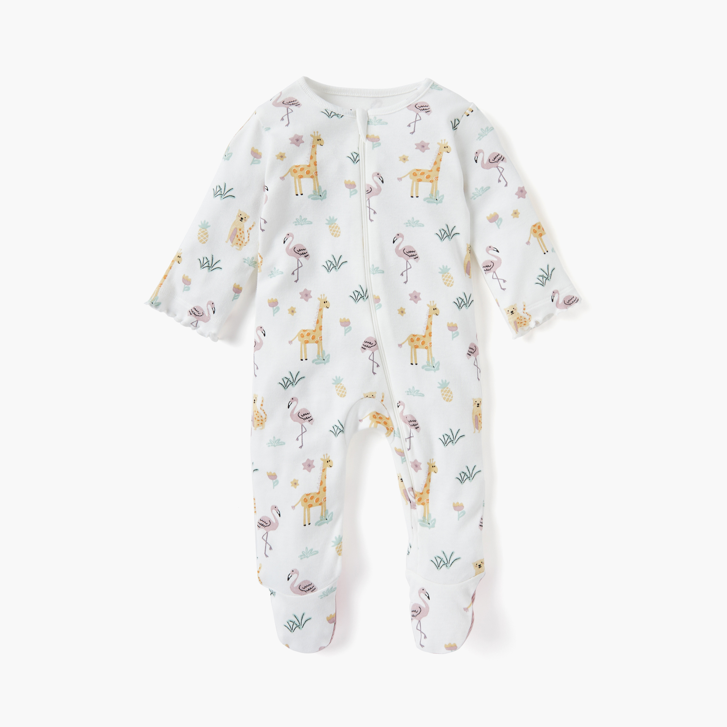 Juniors Printed Sleepsuit with Long Sleeves and Zip Closure-baby-girls-clothing-nightwear-sleepsuits-image-1