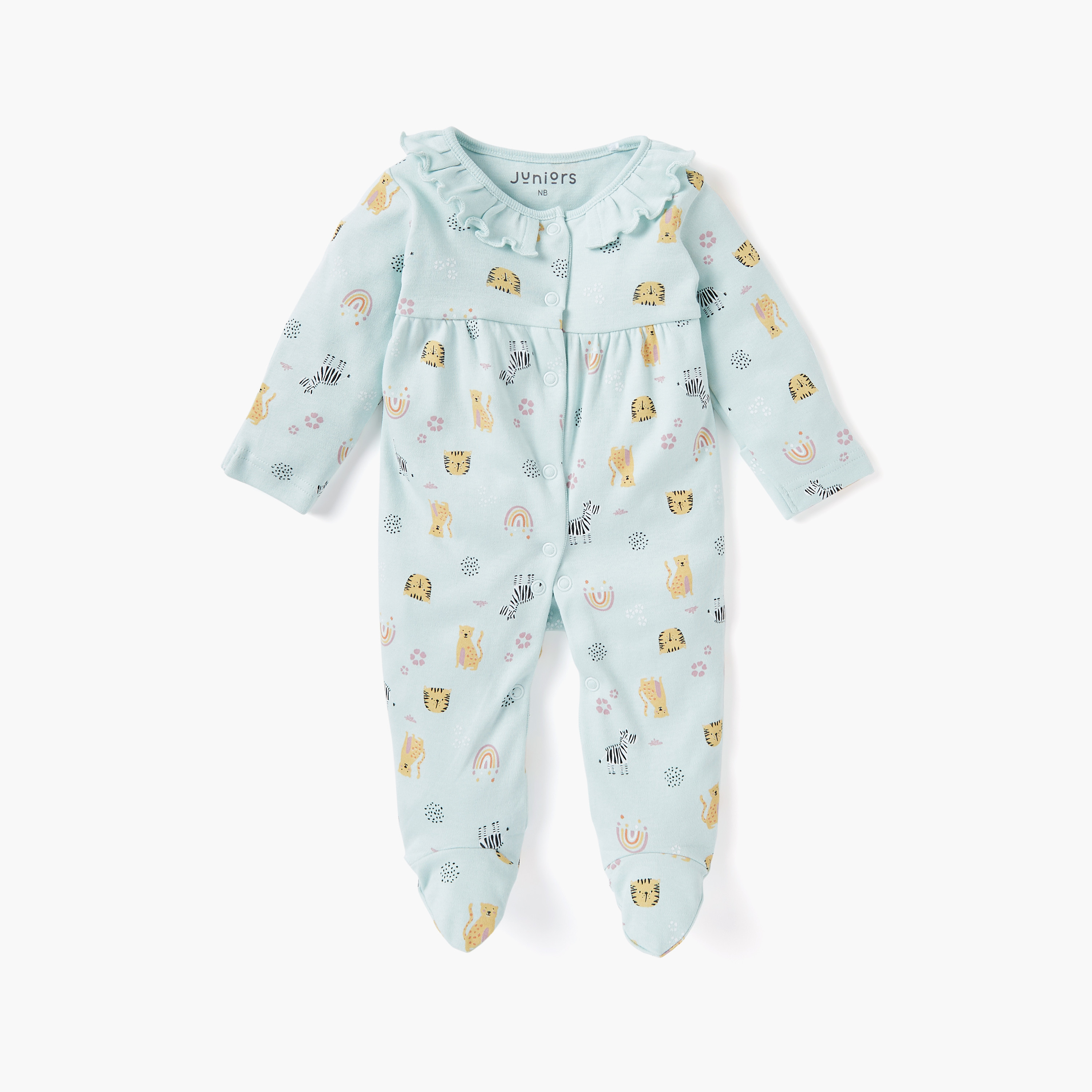 Juniors Printed Sleepsuit with Long Sleeves and Zip Closure-baby-girls-clothing-nightwear-sleepsuits-image-1
