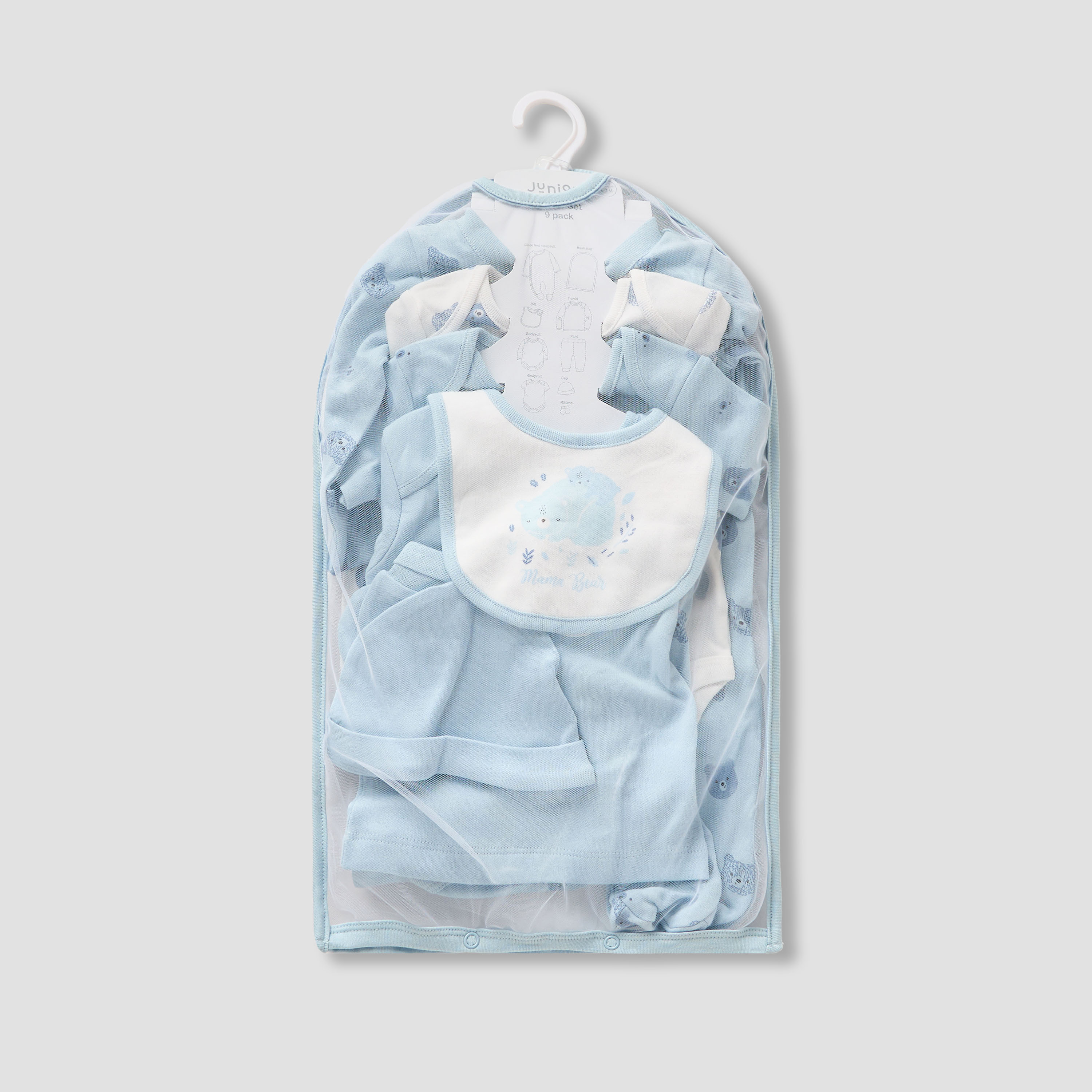 Juniors 9-Piece Boys Gift Set - Cotton - Sleepsuit, Bodysuit, Bib, Beanie, Mittens - Bear Print-baby-boys-clothing-setsandcoords-image-1
