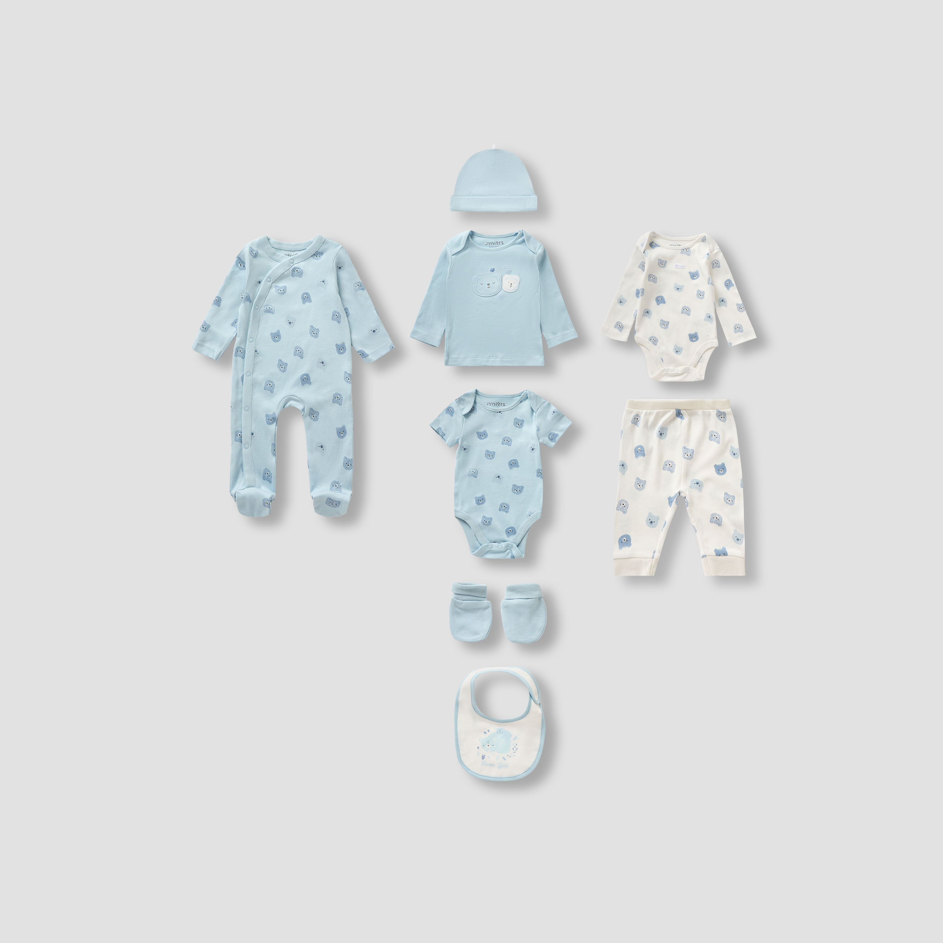 Juniors 9-Piece Boys Gift Set - Cotton - Sleepsuit, Bodysuit, Bib, Beanie, Mittens - Bear Print-baby-boys-clothing-setsandcoords-image-2