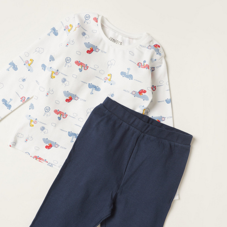 Juniors Printed Round Neck T-shirt and Full Length Pyjama Set