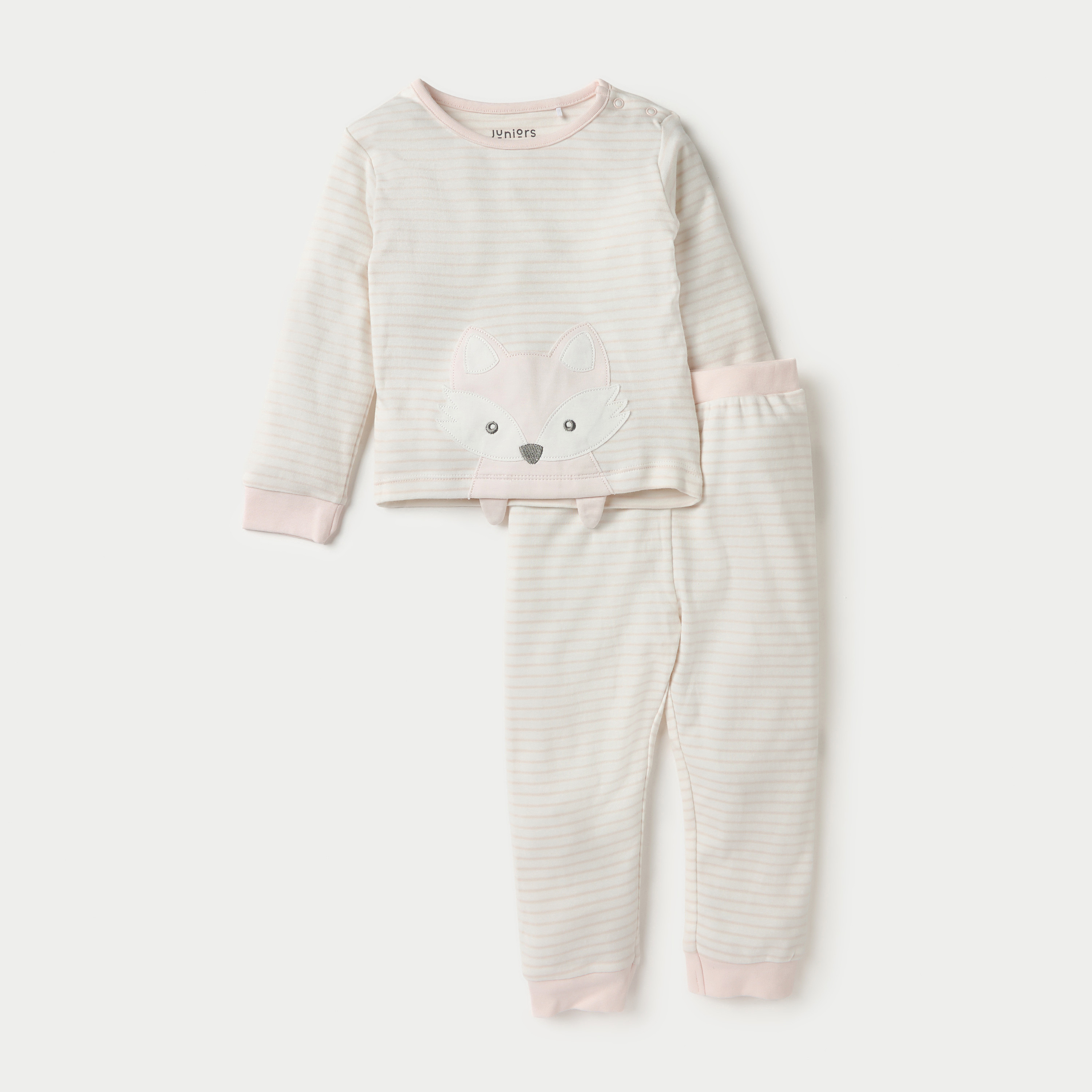 Juniors Fox Applique Long Sleeves T-shirt and Elasticated Pyjama Set-baby-girls-clothing-nightwear-pyjamasets-image-1