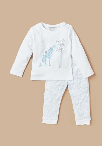 Juniors Giraffe Applique Long Sleeves T-shirt and Printed Pyjama Set-Pyjama Sets-image-0