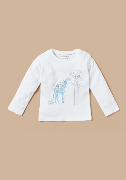 Juniors Giraffe Applique Long Sleeves T-shirt and Printed Pyjama Set-Pyjama Sets-image-1