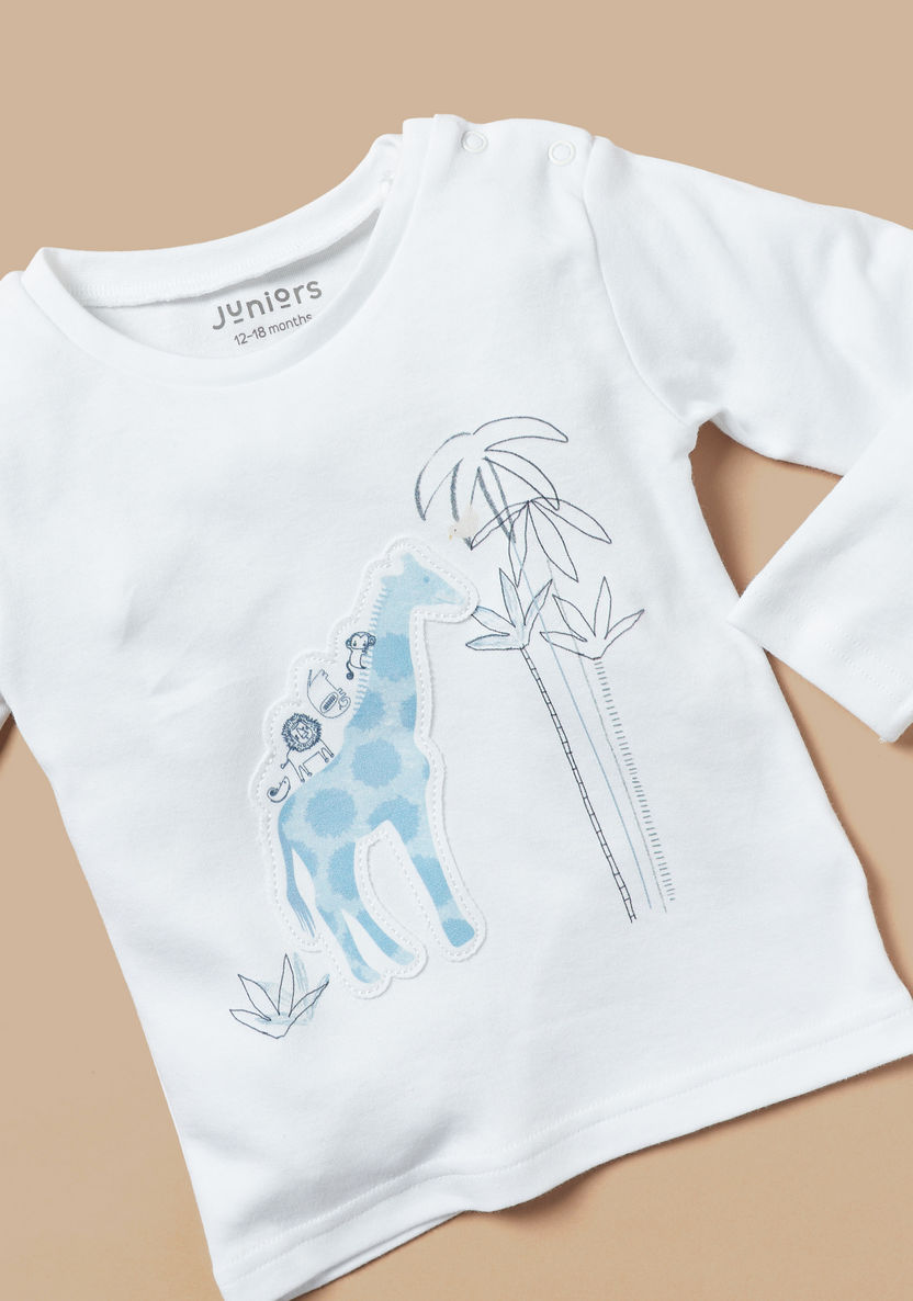 Juniors Giraffe Applique Long Sleeves T-shirt and Printed Pyjama Set-Pyjama Sets-image-3