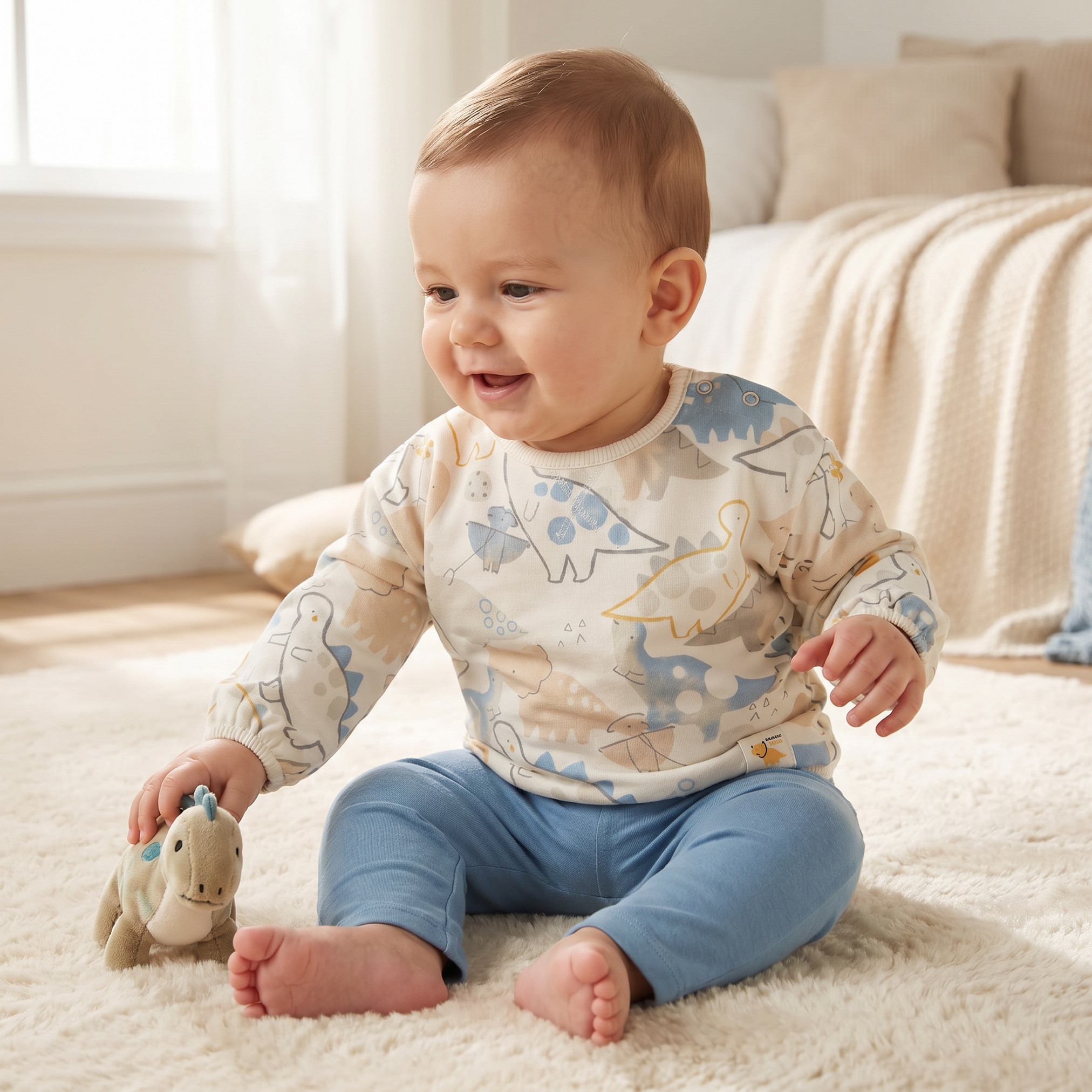 Juniors Cotton Crew Neck Long Sleeves Pyjama Set with Dinosaur Print-baby-boys-clothing-nightwear-pyjamasets-image-1