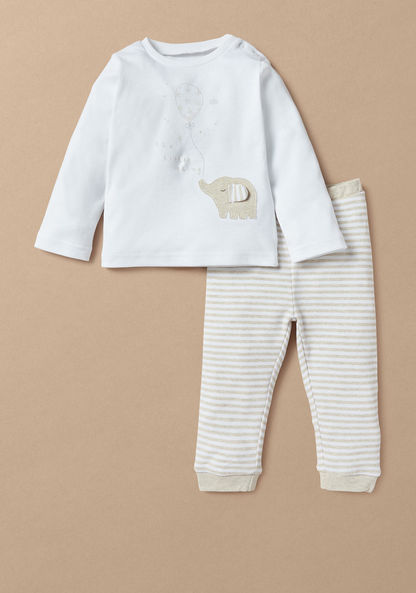 Juniors Elephant Applique Long Sleeves T-shirt and Striped Pyjama Set-Pyjama Sets-image-0