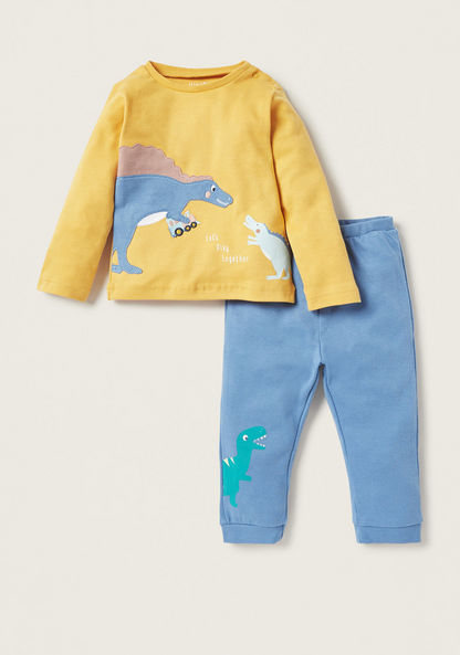 Juniors All-Over Dinosaur Applique T-shirt and Elasticated Pyjama Set-Pyjama Sets-image-0
