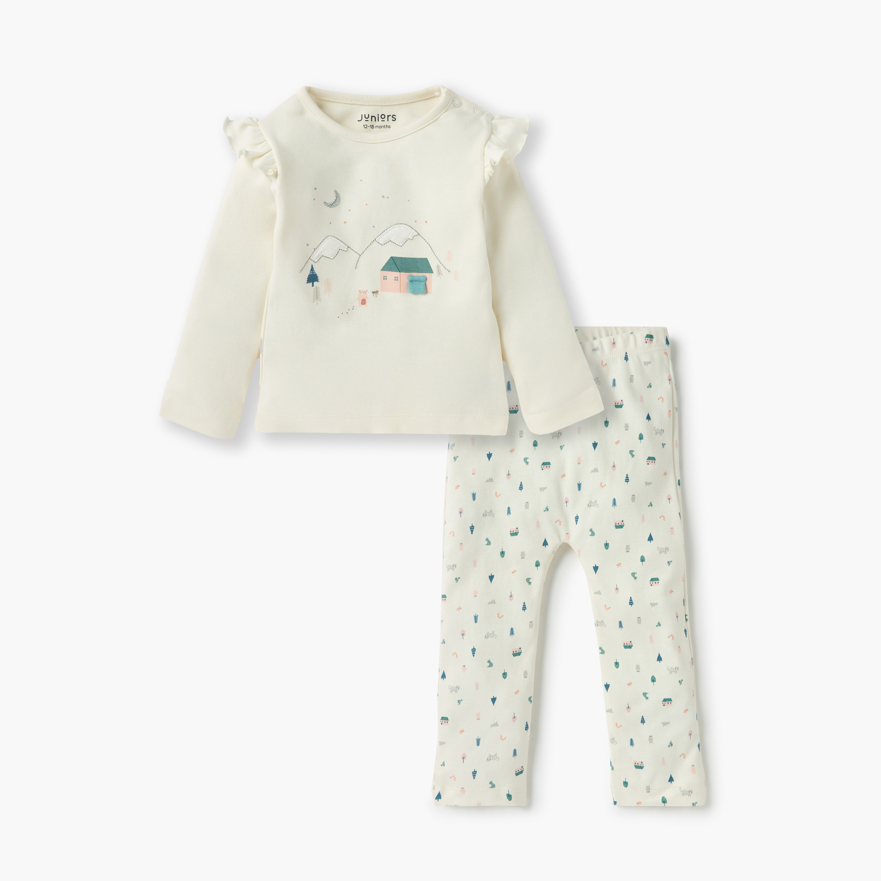 Juniors Printed Ruffle Detail T-shirt and Pyjama Set-baby-girls-clothing-nightwear-pyjamasets-image-1