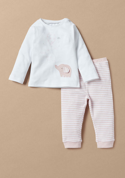 Juniors Elephant Applique Long Sleeves T-shirt and Striped Pyjama Set-Pyjama Sets-image-0