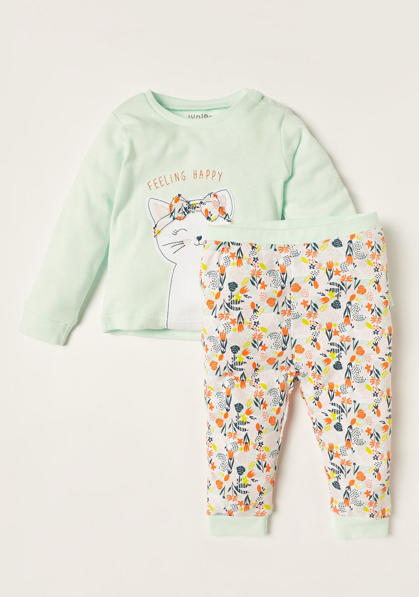 Juniors Kitten Print T-shirt and Full Length Pyjama Set-Pyjama Sets-image-0