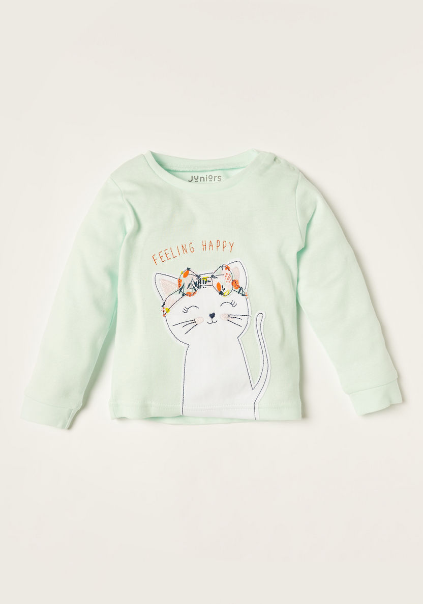 Juniors Kitten Print T-shirt and Full Length Pyjama Set-Pyjama Sets-image-1