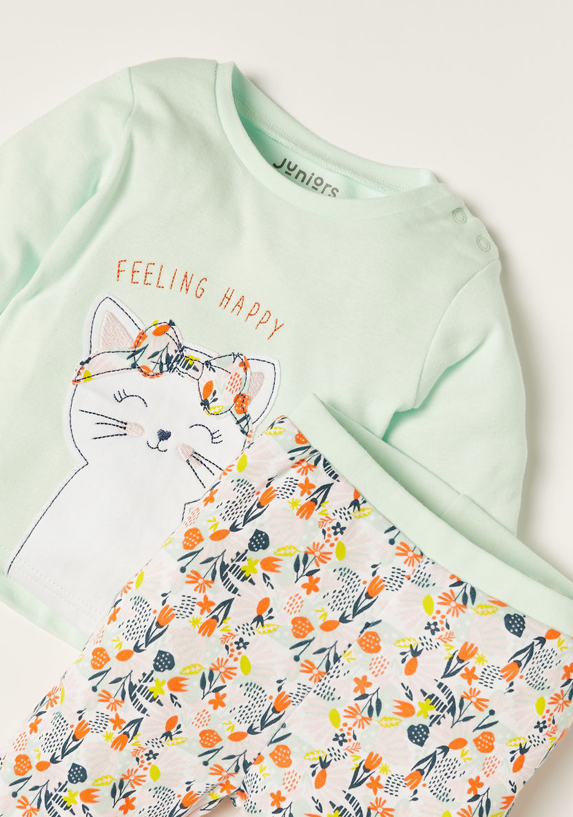 Juniors Kitten Print T-shirt and Full Length Pyjama Set-Pyjama Sets-image-3