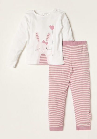 Juniors Bunny Theme Long Sleeve T-shirt and Striped Pyjama Set-Pyjama Sets-image-0