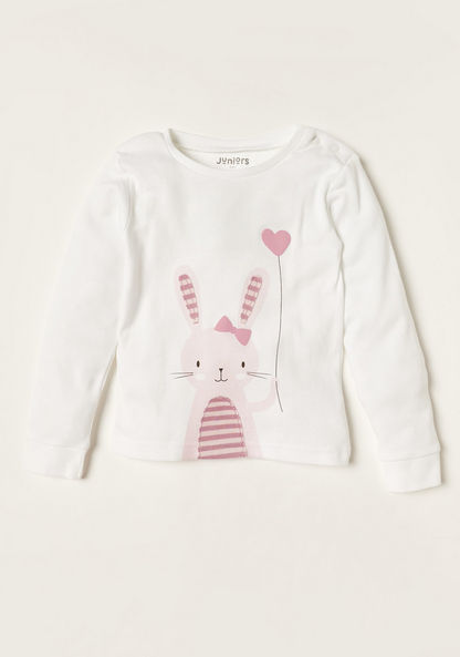 Juniors Bunny Theme Long Sleeve T-shirt and Striped Pyjama Set-Pyjama Sets-image-1
