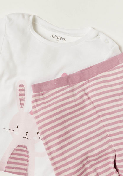 Juniors Bunny Theme Long Sleeve T-shirt and Striped Pyjama Set-Pyjama Sets-image-3