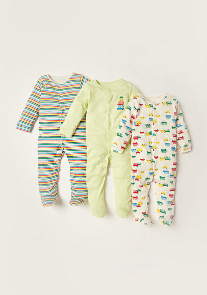 Juniors Printed Sleepsuit with Long Sleeves and Button Closure - Set of 3