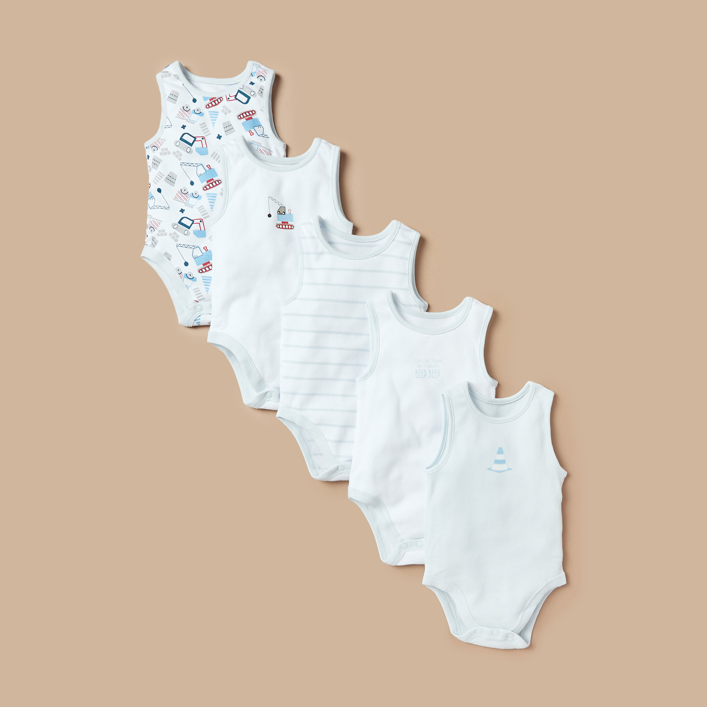 Juniors Printed Sleeveless Bodysuit with Button Closure - Set of 5-baby-boys-clothing-multipacks-image-1