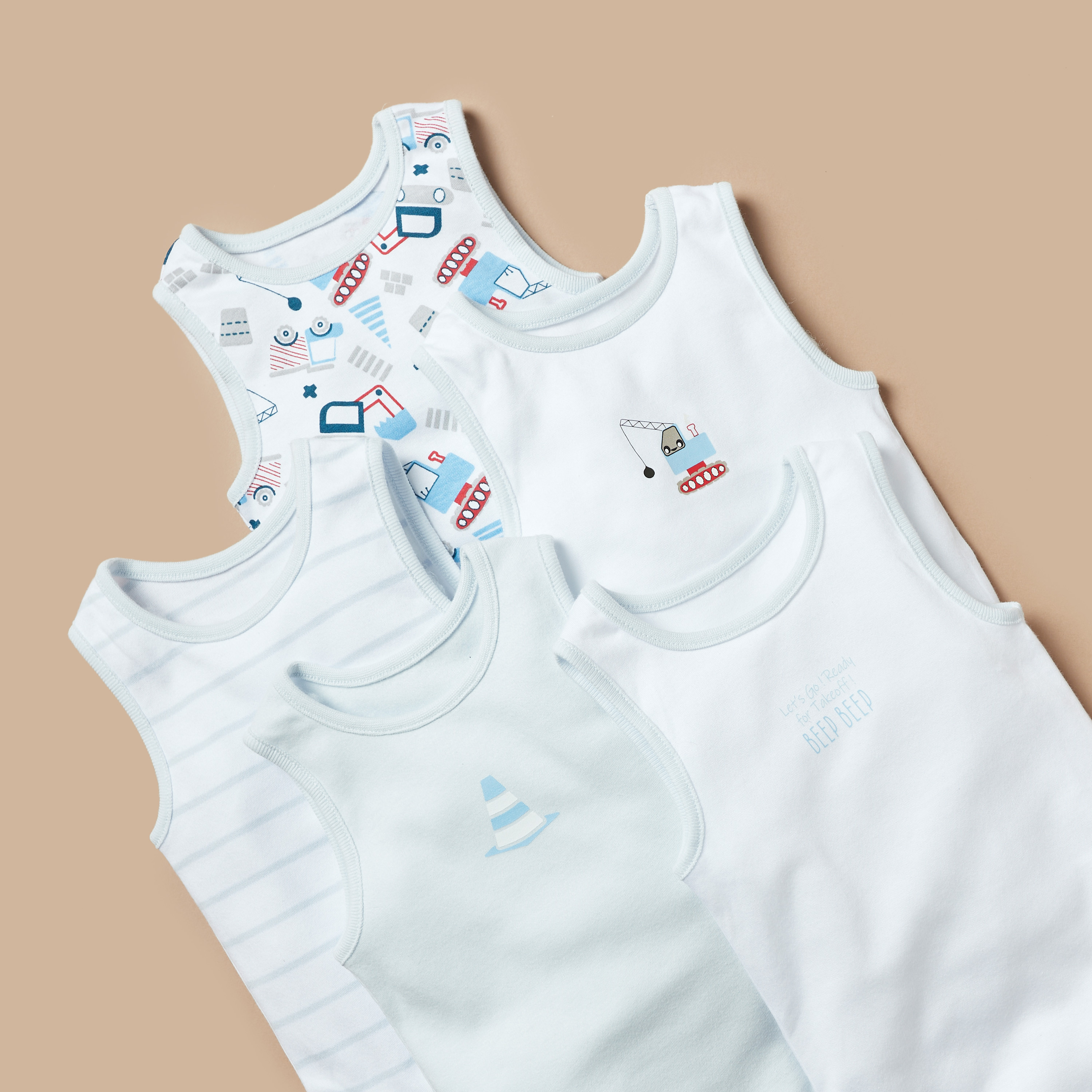 Juniors Printed Sleeveless Bodysuit with Button Closure - Set of 5-baby-boys-clothing-multipacks-image-3