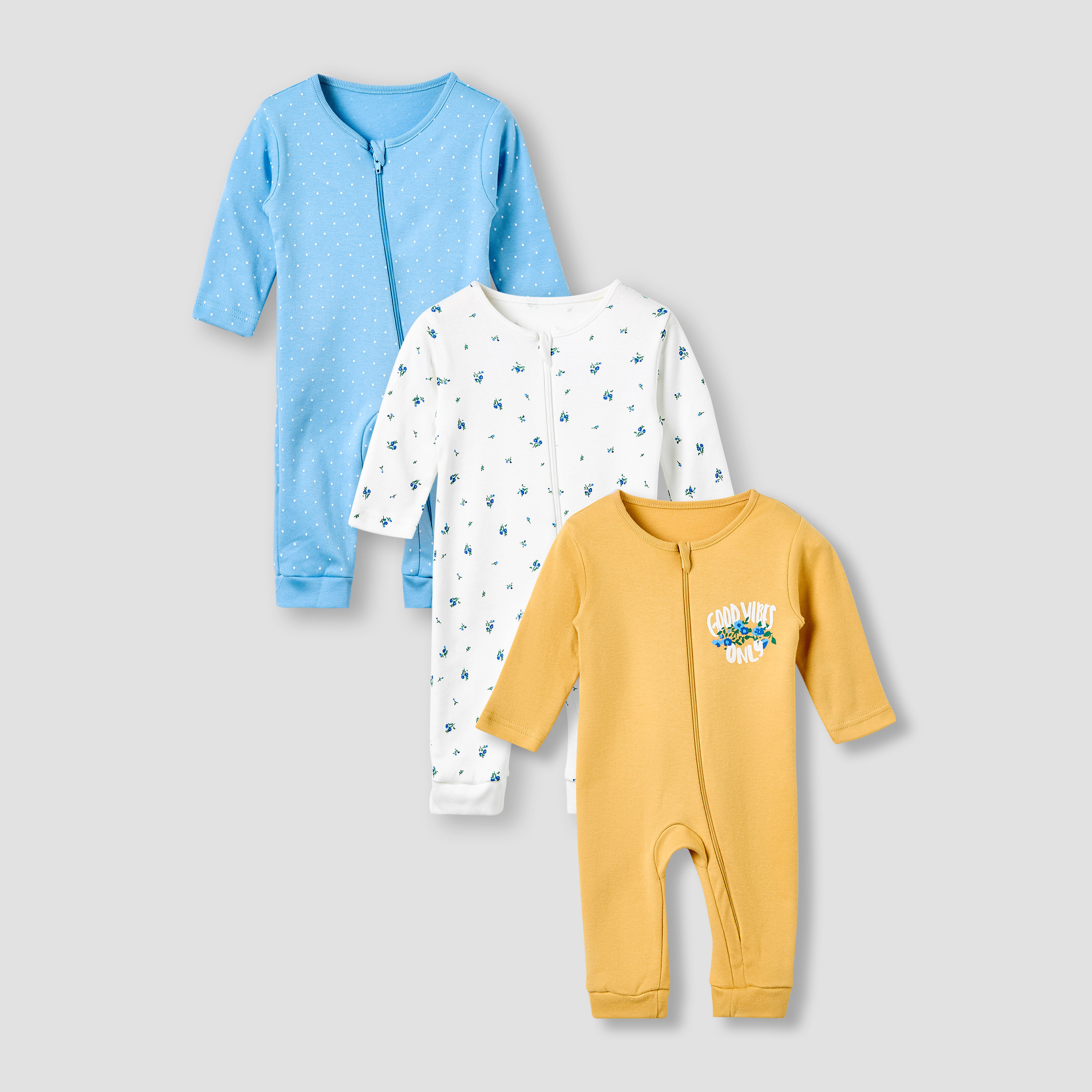 Juniors Round Neck Sleepsuit with Print - Cotton - Long Sleeves - Set of 3-baby-girls-clothing-nightwear-sleepsuits-image-1