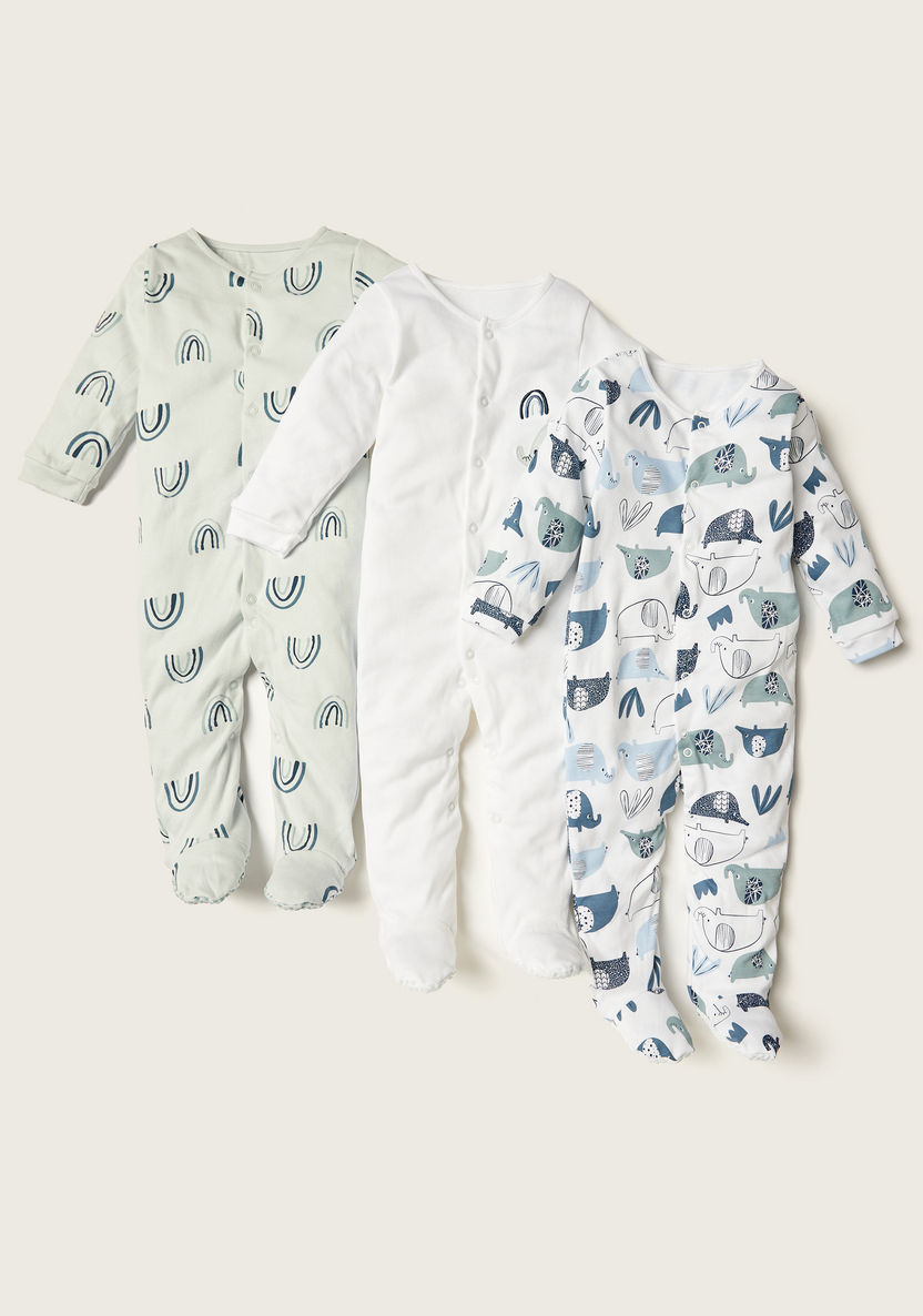 Juniors Printed Sleepsuit with Long Sleeves and Button Closure - Set of 3-Sleepsuits-image-0