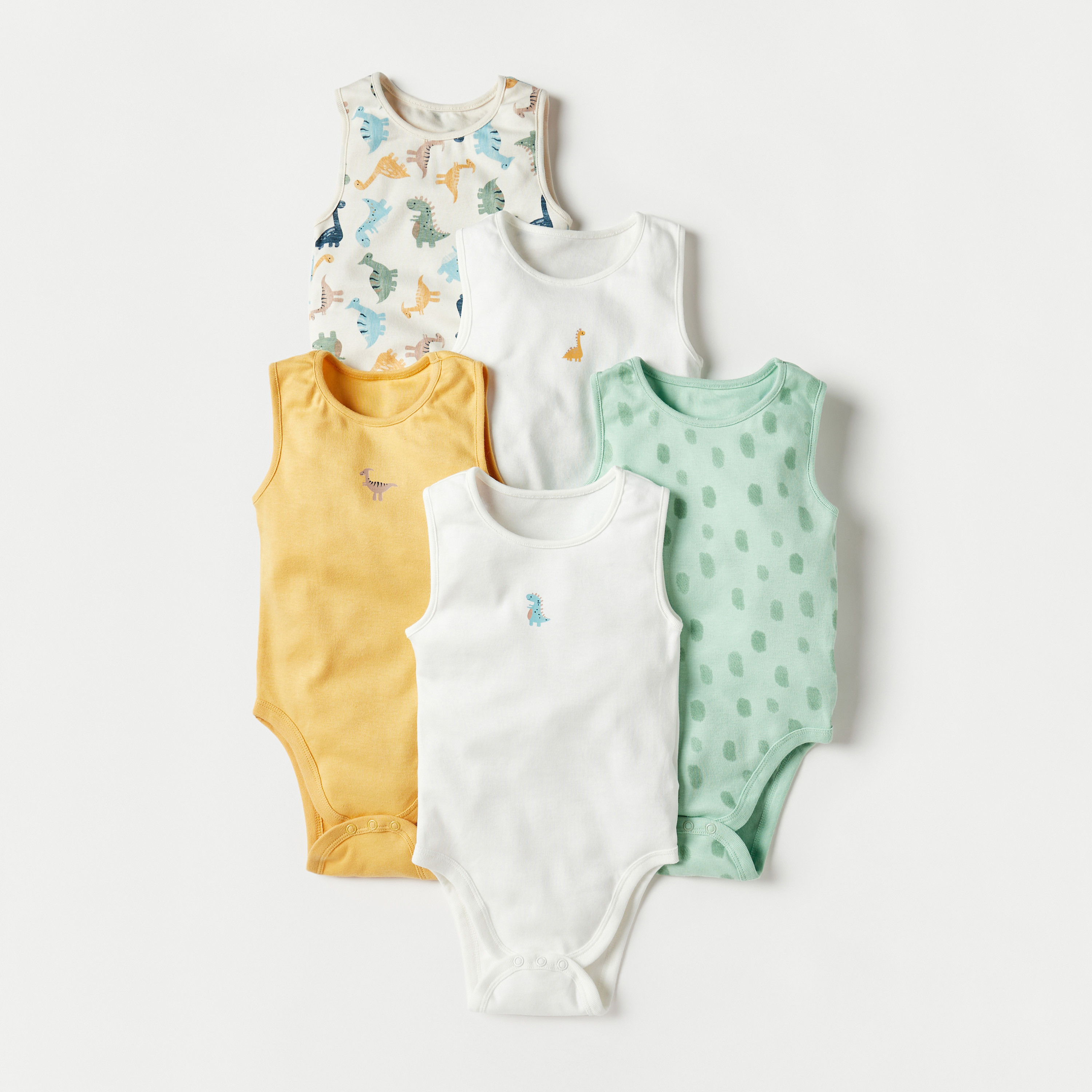 Juniors Dinosaur Print Sleeveless Cotton Bodysuit - Set of 5-baby-boys-clothing-multipacks-image-1