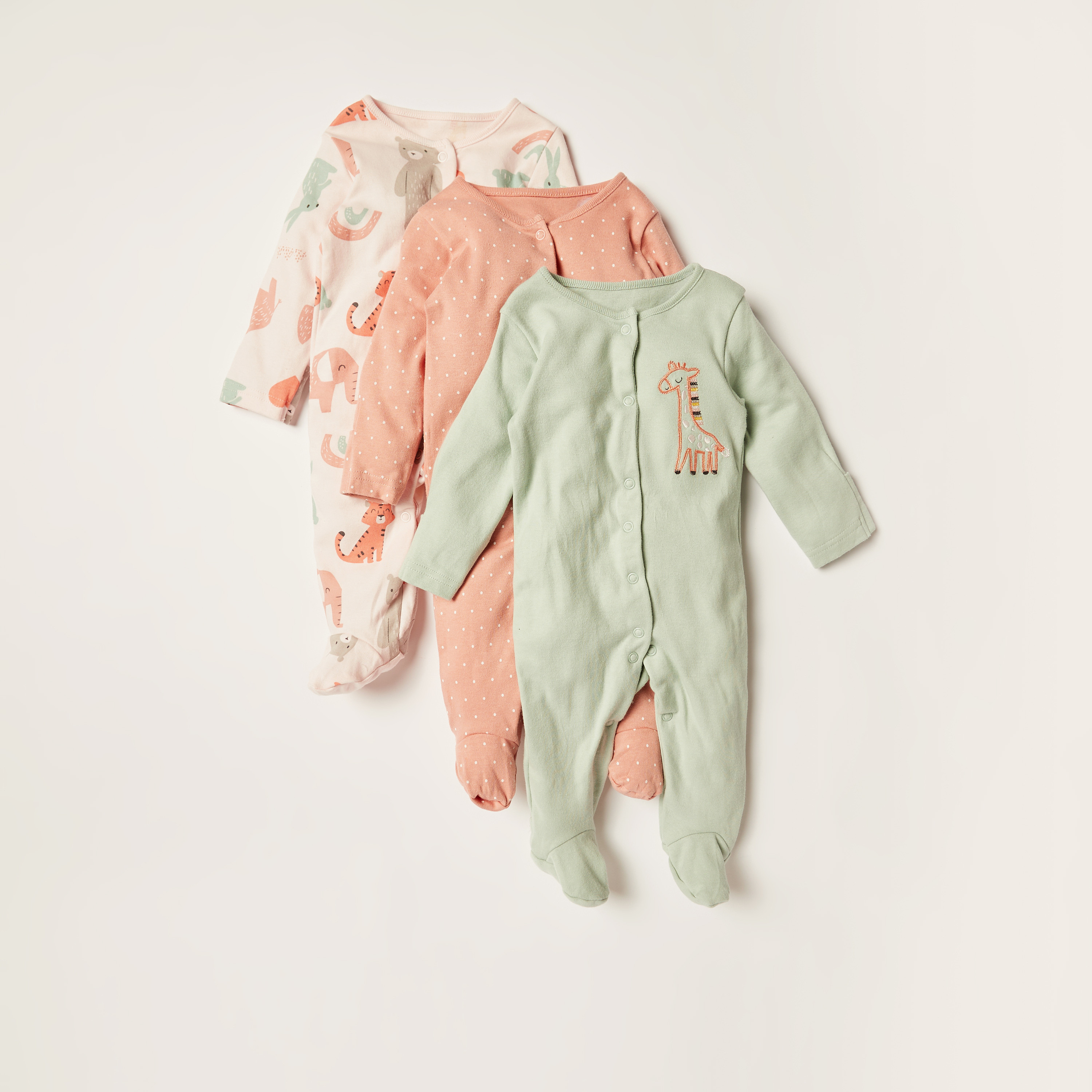 Juniors Printed Long Sleeves Sleepsuit with Button Closure - Set of 3-baby-girls-clothing-nightwear-sleepsuits-image-1