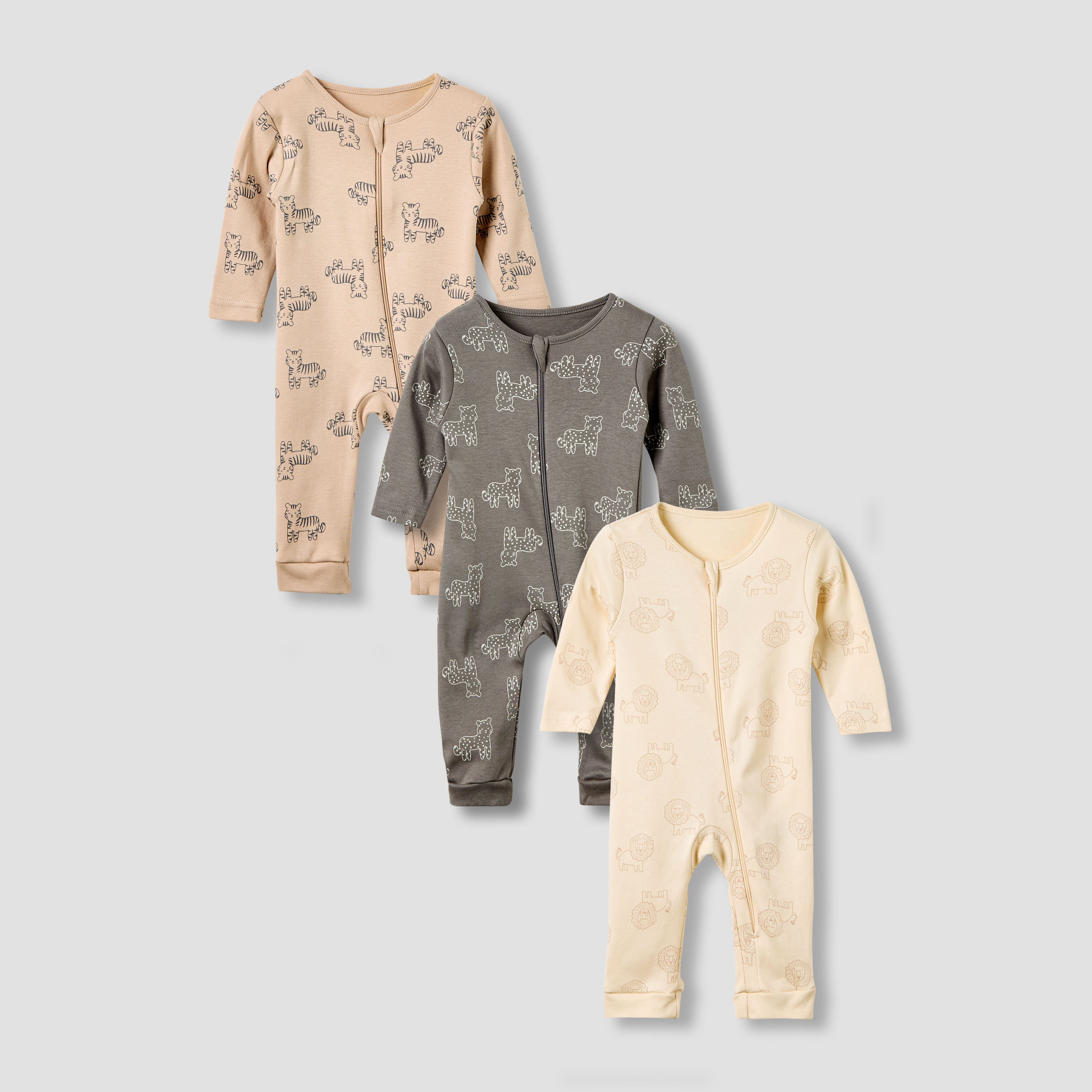 Juniors Round Neck Sleepsuit with Animal Print - Cotton - Long Sleeves - Set of 3-baby-boys-clothing-nightwear-sleepsuits-image-1
