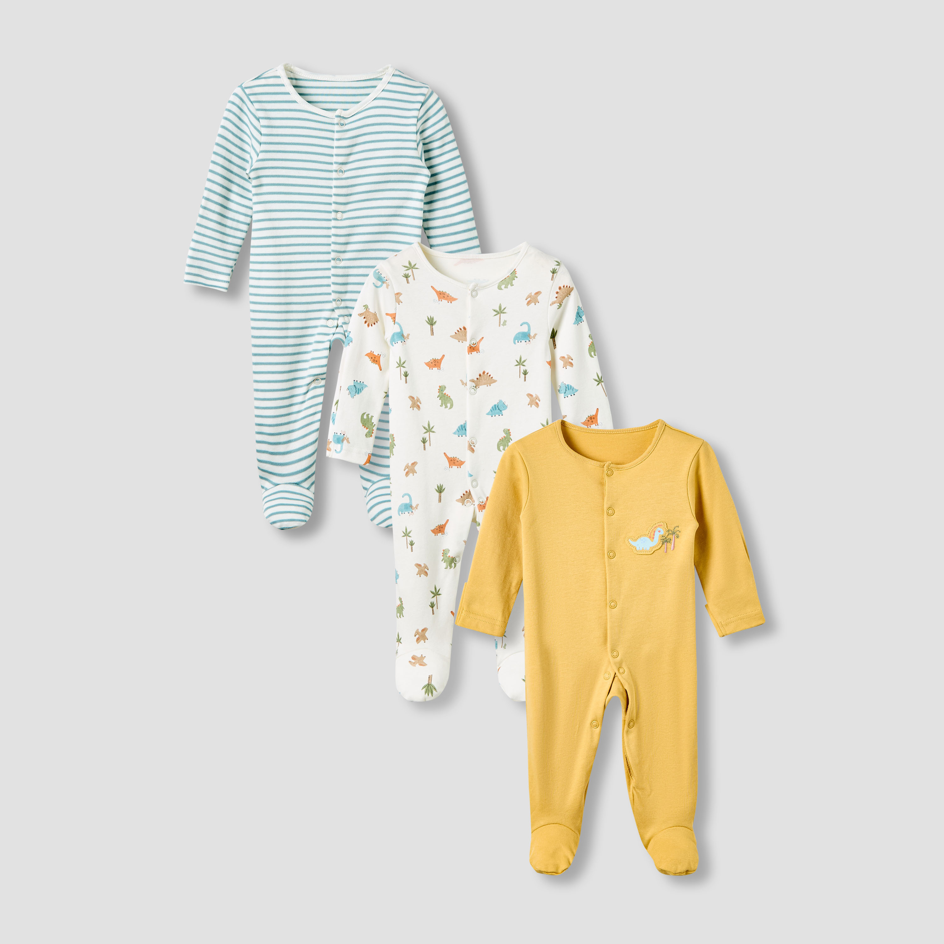 Juniors Crew Neck Sleepsuit with Dinosaur Print - Cotton - Long Sleeves - Set of 3-promo_babyshop_Buy2for115_QAT130126-image-1