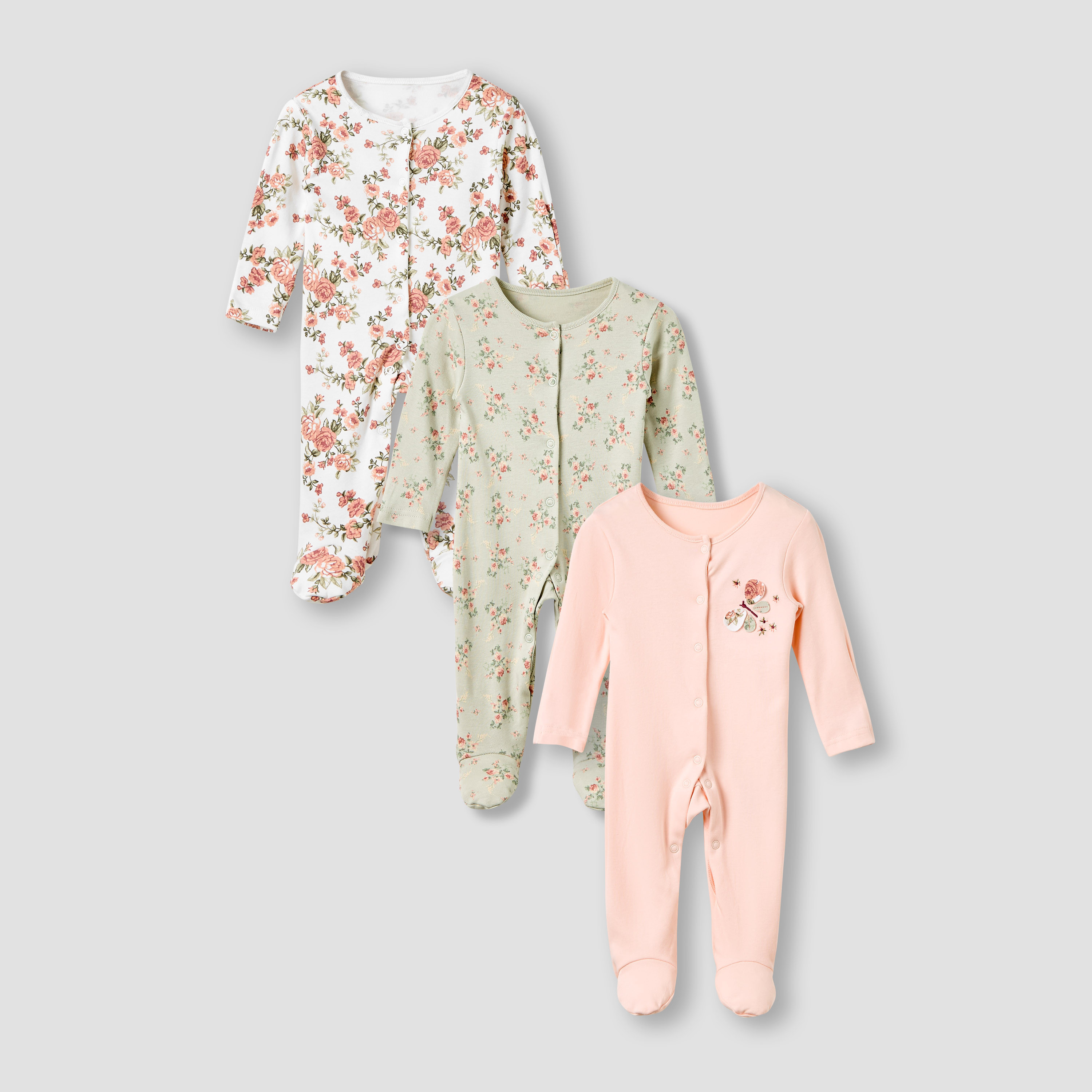 Juniors Crew Neck Sleepsuit with Floral Print - Cotton - Long Sleeves - Set of 3-promo_babyshop_Buy2for115_QAT130126-image-1
