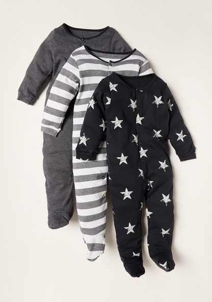 Juniors Printed Sleepsuit with Long Sleeves and Button Closure - Set of 3-Multipacks-image-0