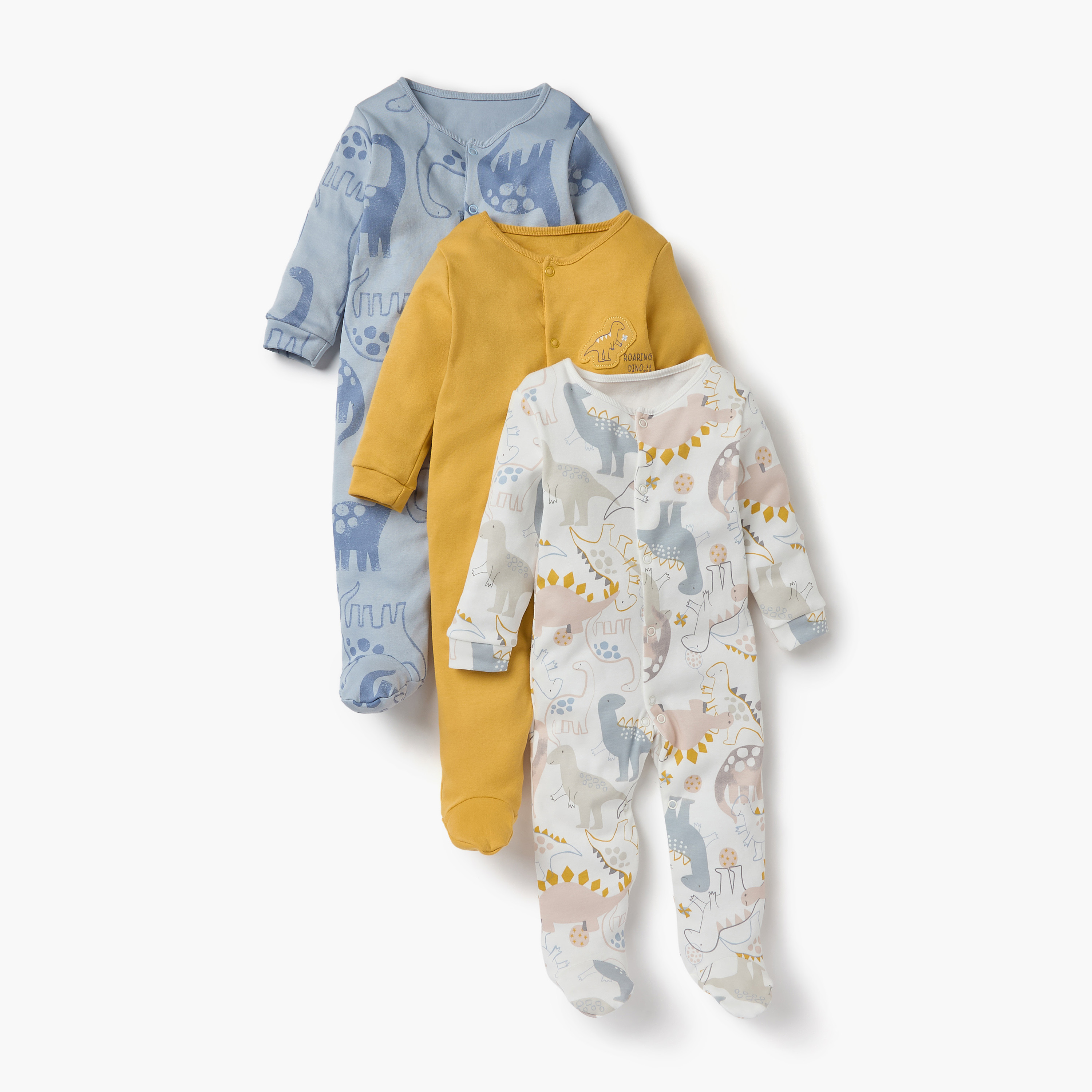 Juniors Dinosaur Print Sleepsuit with Long Sleeves - Set of 3-baby-boys-clothing-nightwear-sleepsuits-image-1