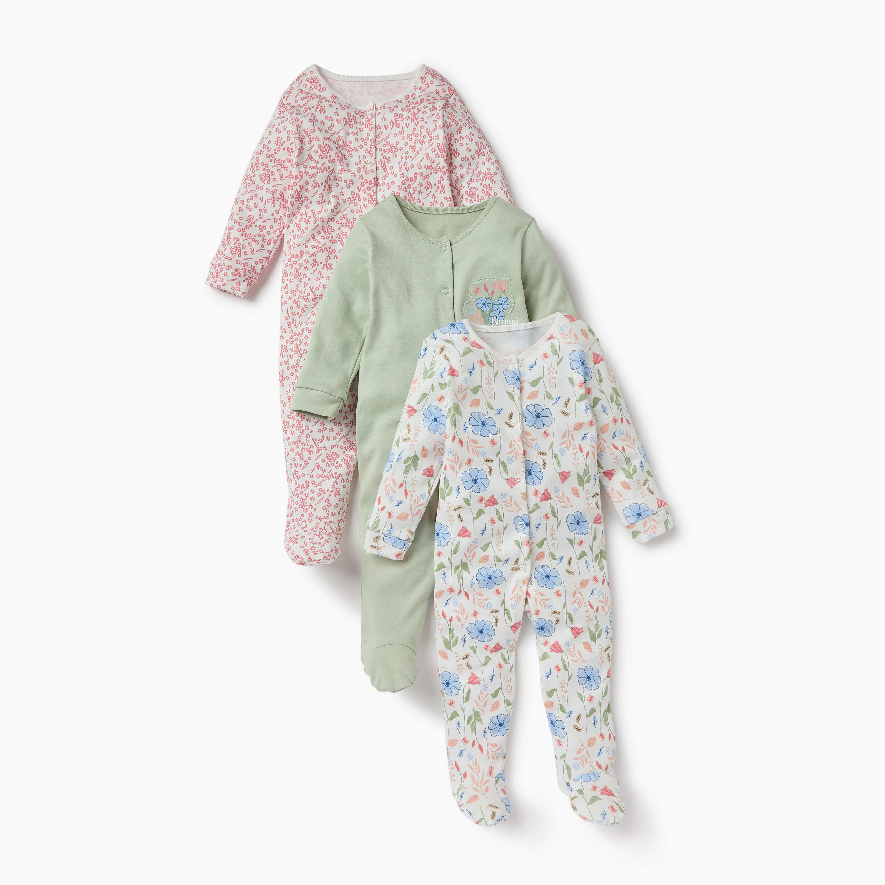 Juniors Printed Sleepsuit with Long Sleeves and Button Closure - Set of 3-promo_babyshop_Buy2for1025_KWT130126-image-1