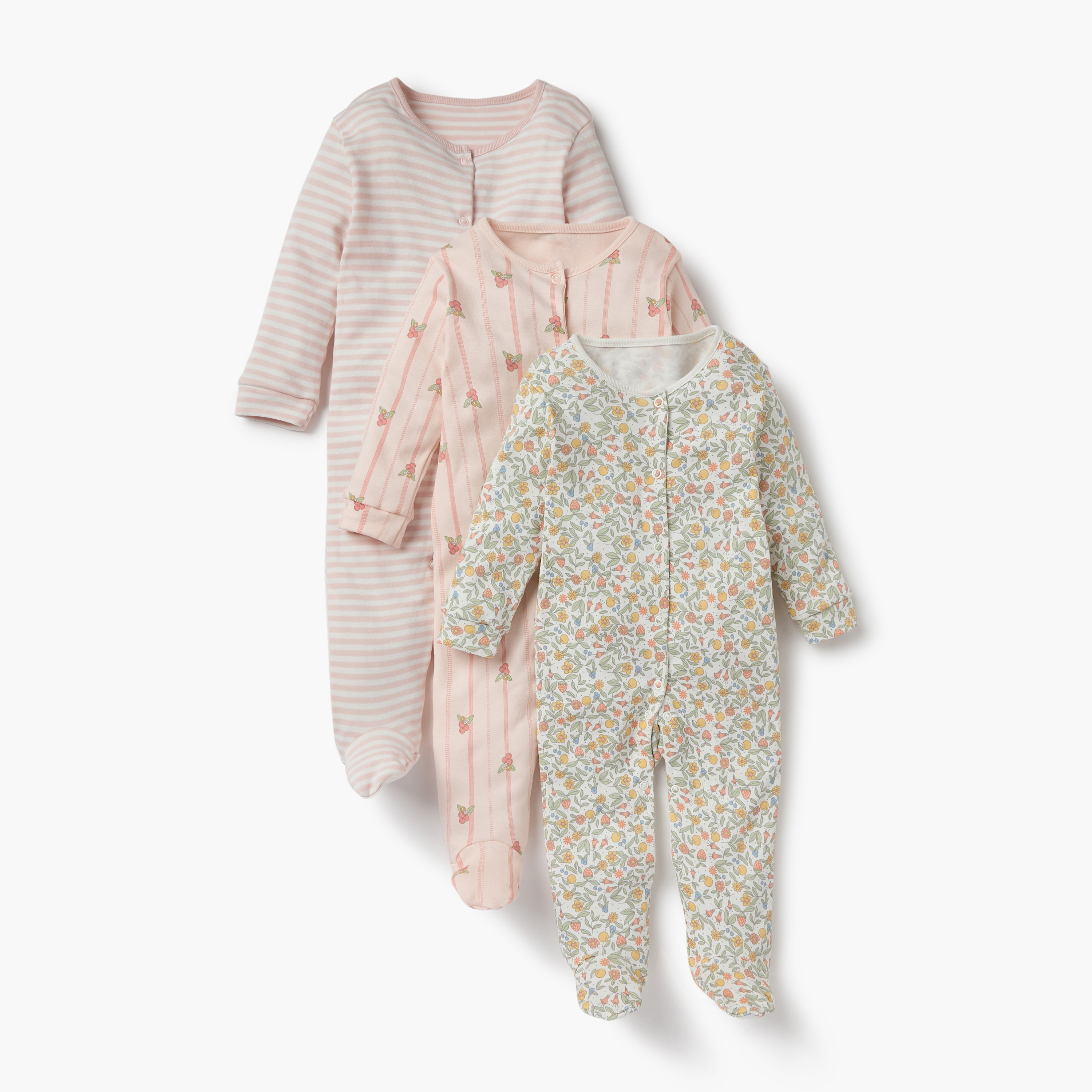 Juniors Printed Sleepsuit with Long Sleeves and Button Closure - Set of 3-baby-girls-clothing-nightwear-sleepsuits-image-1